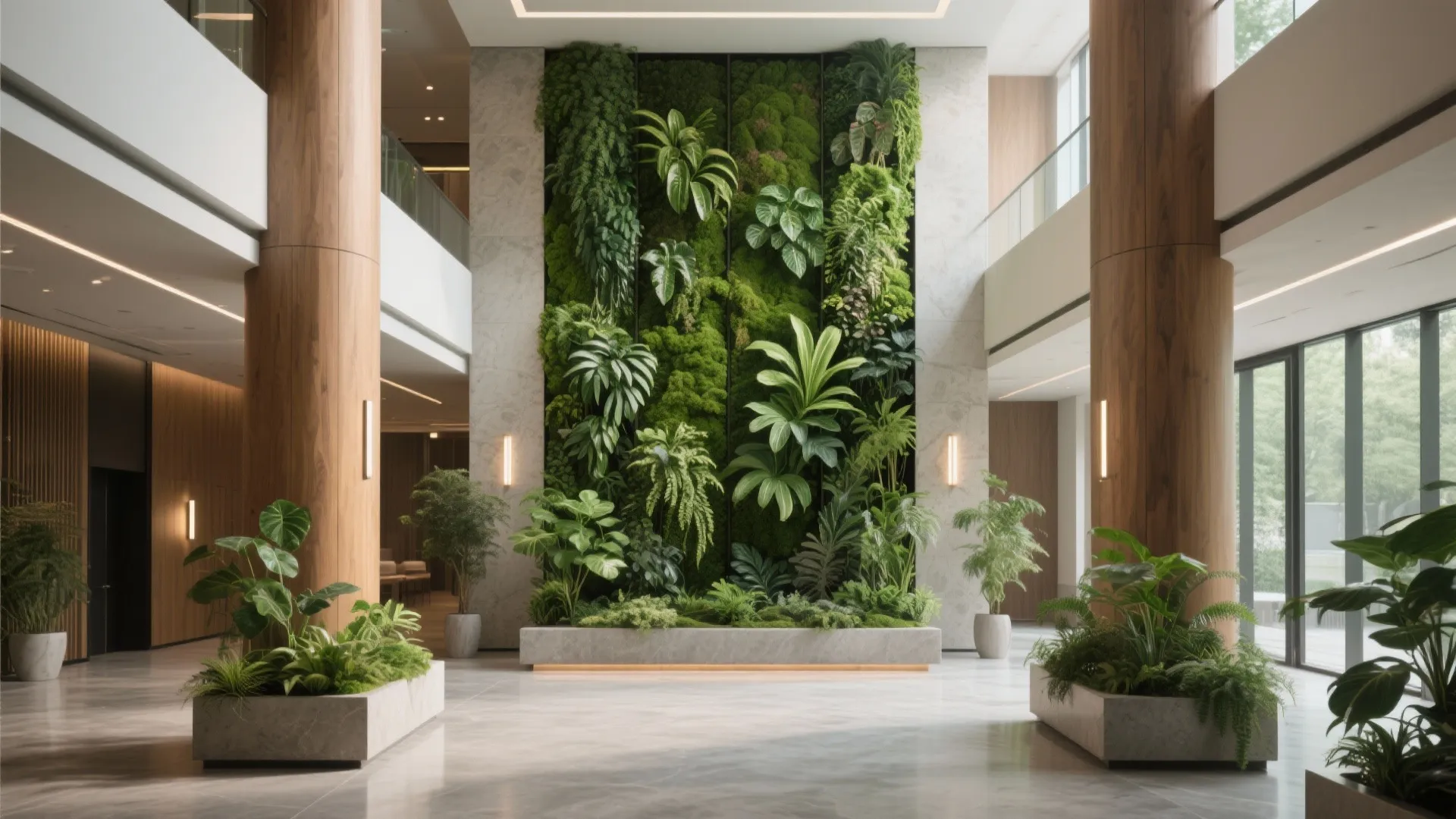 Modern lobby interior featuring large green plant wall wooden pillars marble floor and small plants