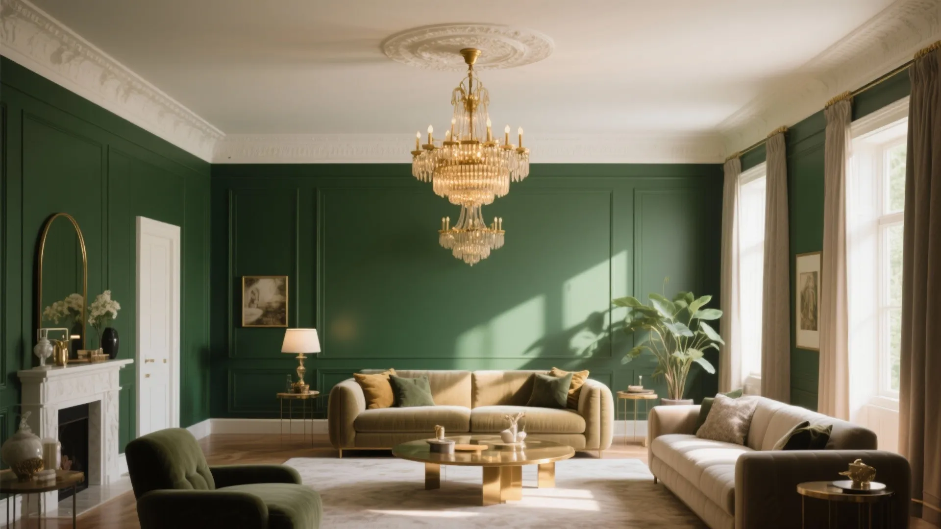 Dark green living room with wall panel details large crystal ceiling light and beige sofas