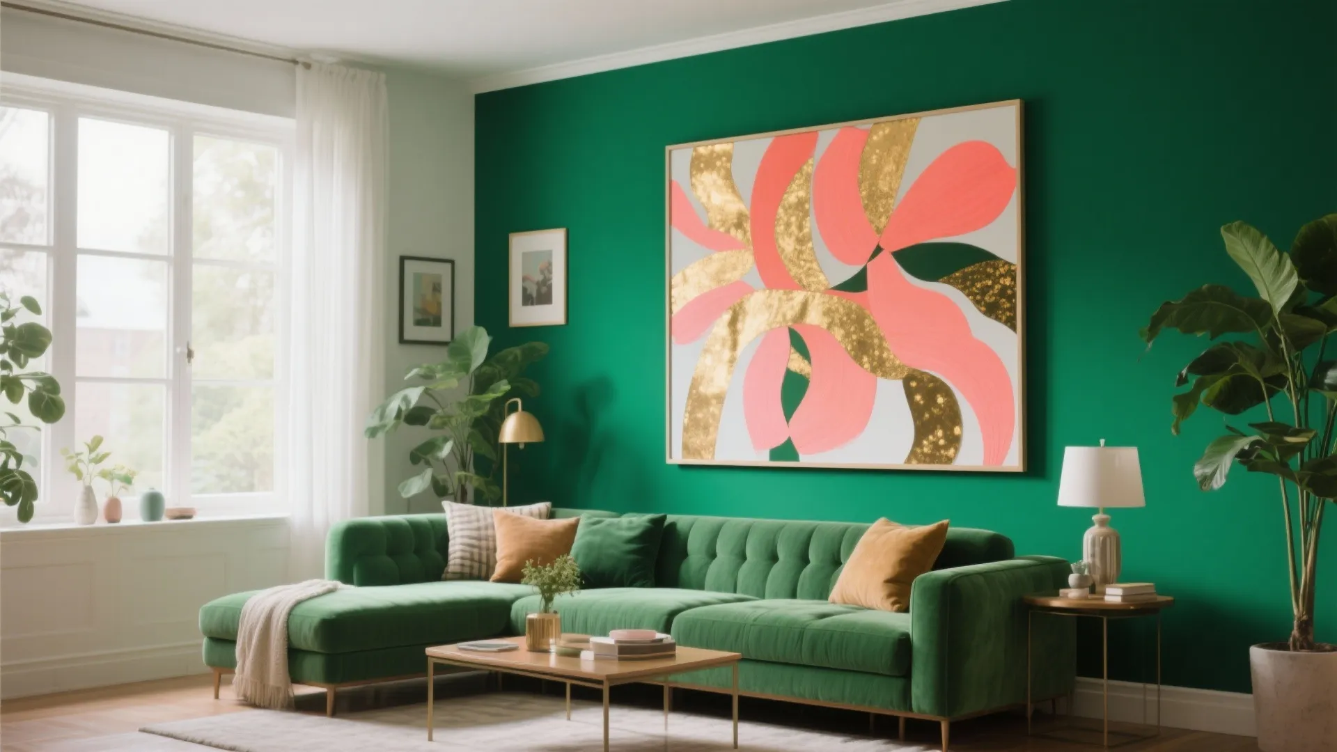 Green velvet sofa against dark green wall with large colorful abstract painting and gold light