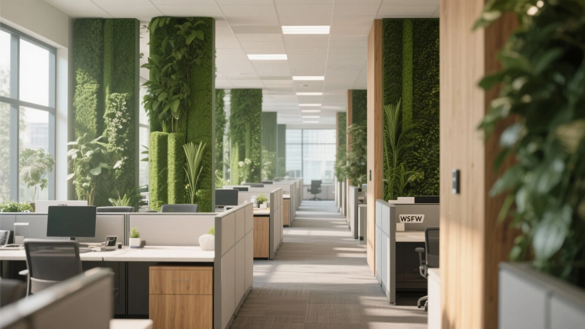 Modern open office with green plant walls white cubicles grey chairs wooden cabinets and natural light