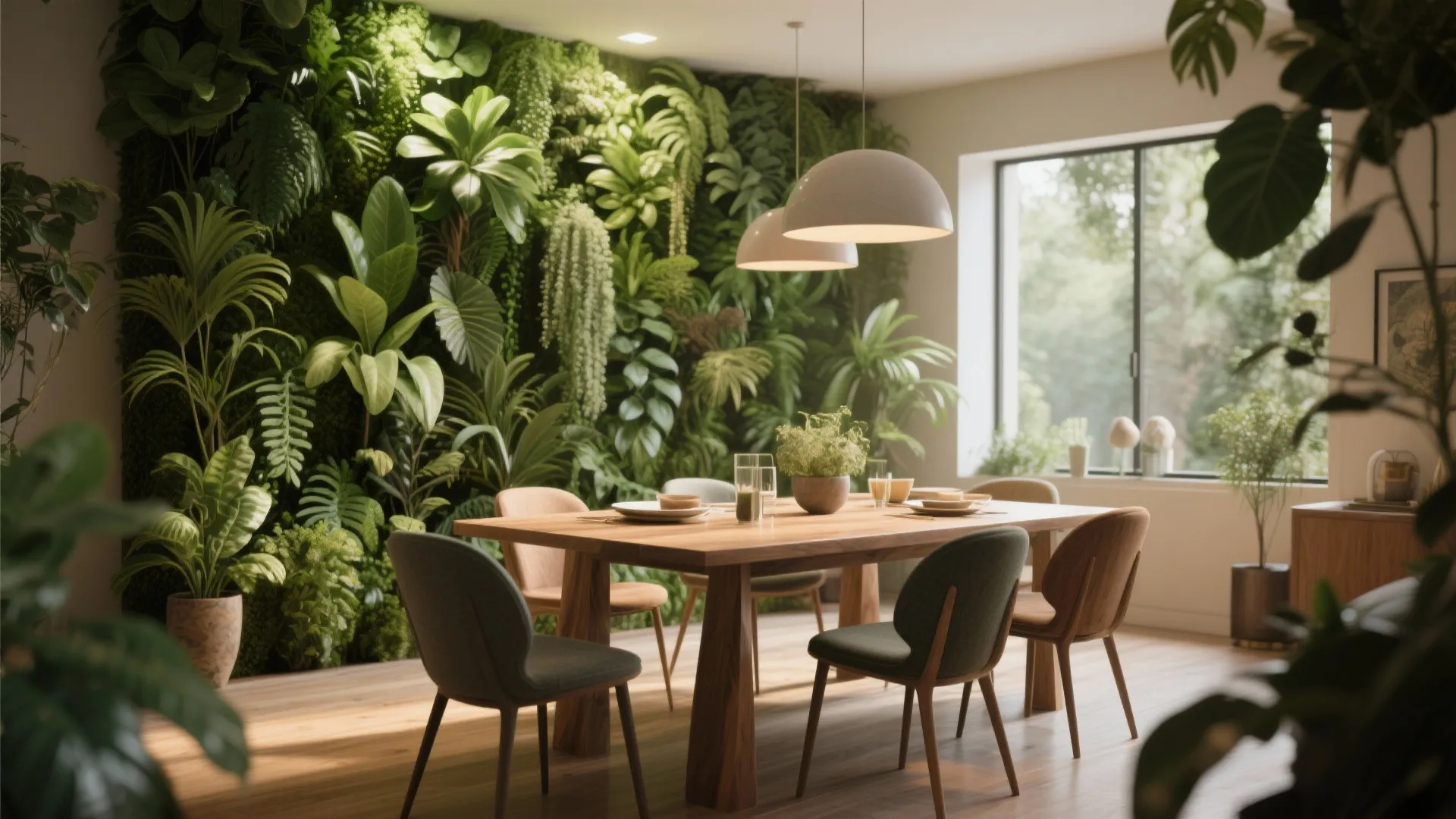 Dining area with large indoor plant wall wooden table grey chairs and white dome light fixtures