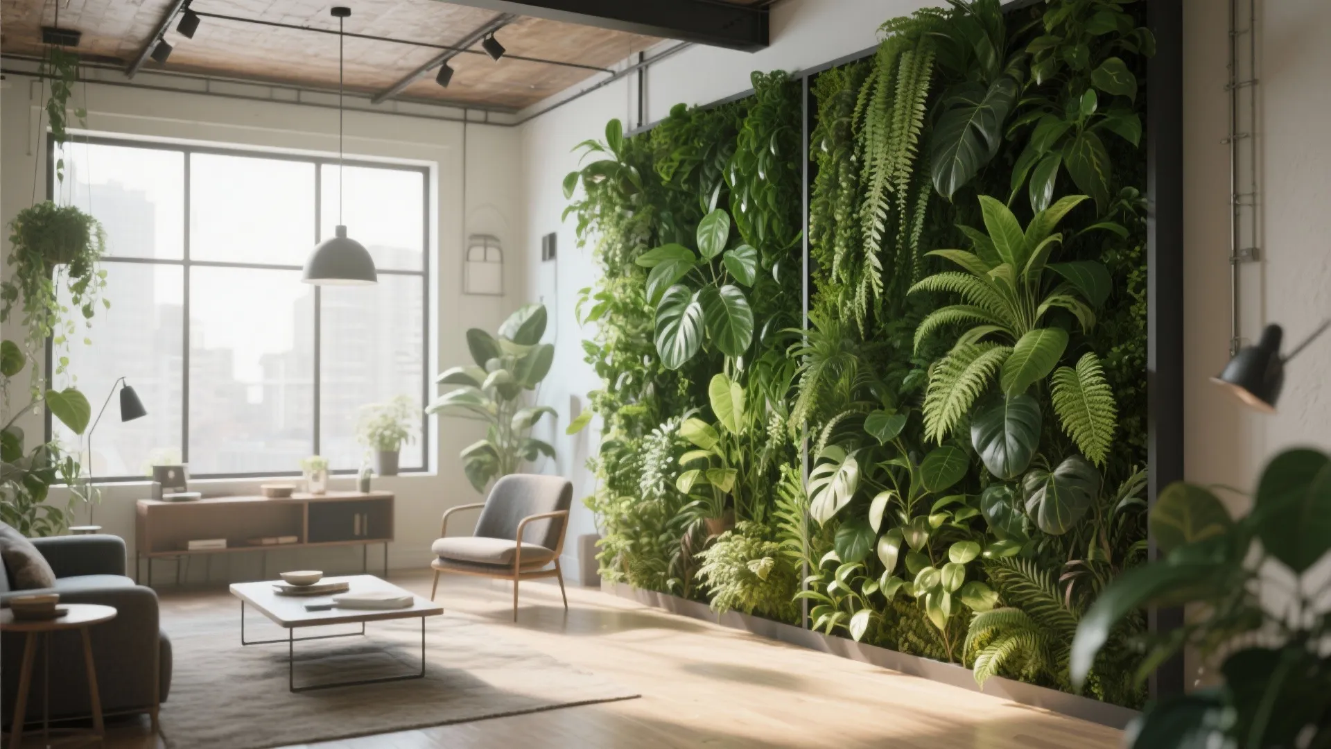 Vertical garden divider with lush indoor plants