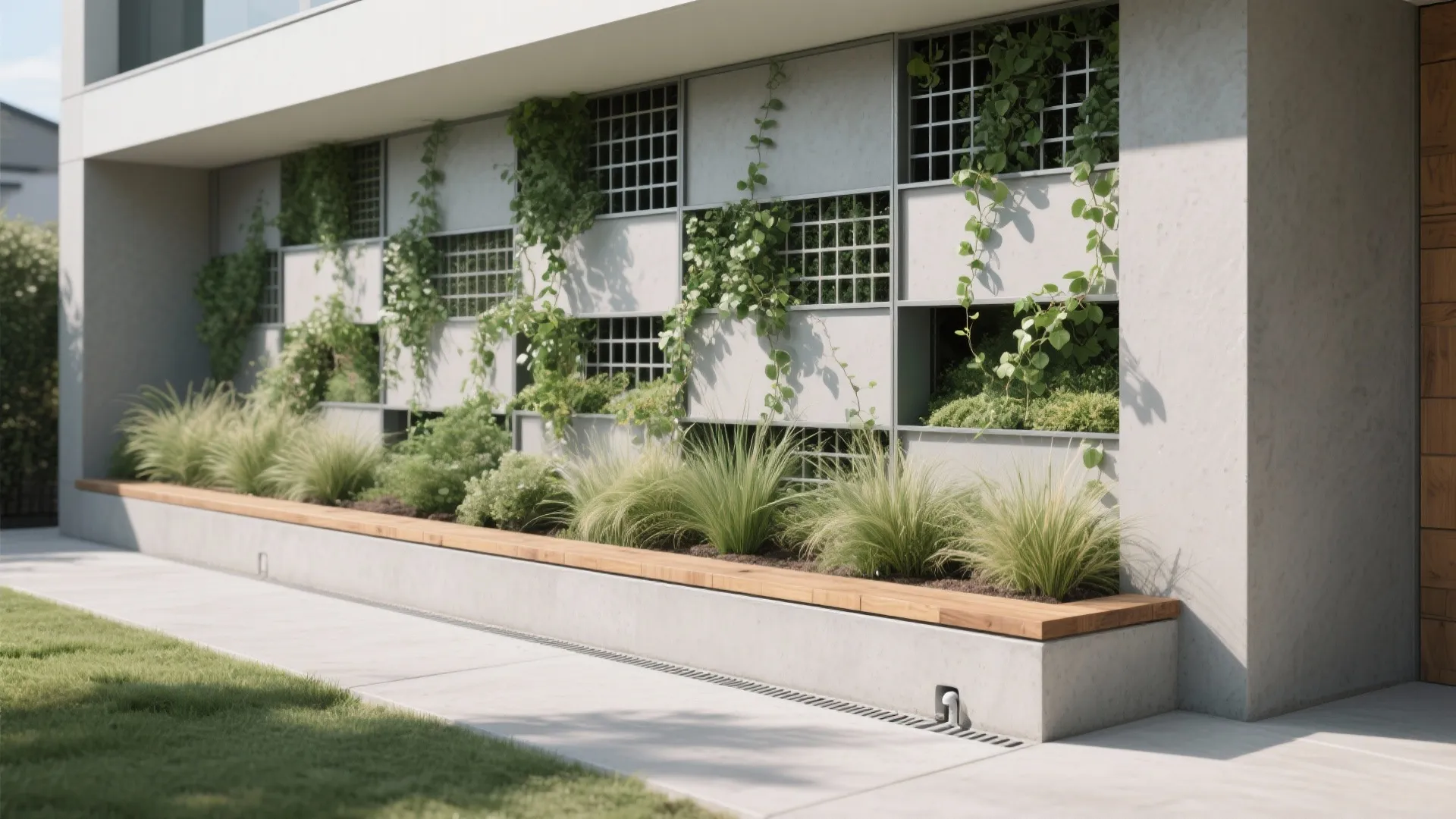 Modern outdoor vertical garden wall with green plants, climbing vines, and a long wooden bench