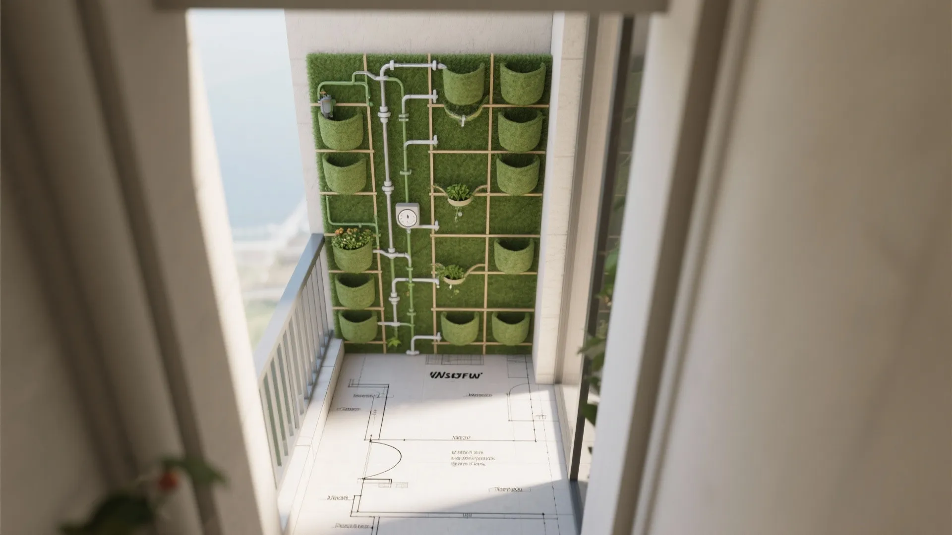 Top-down plan of a micro-balcony with modular trellis, felt pockets, and drip irrigation.