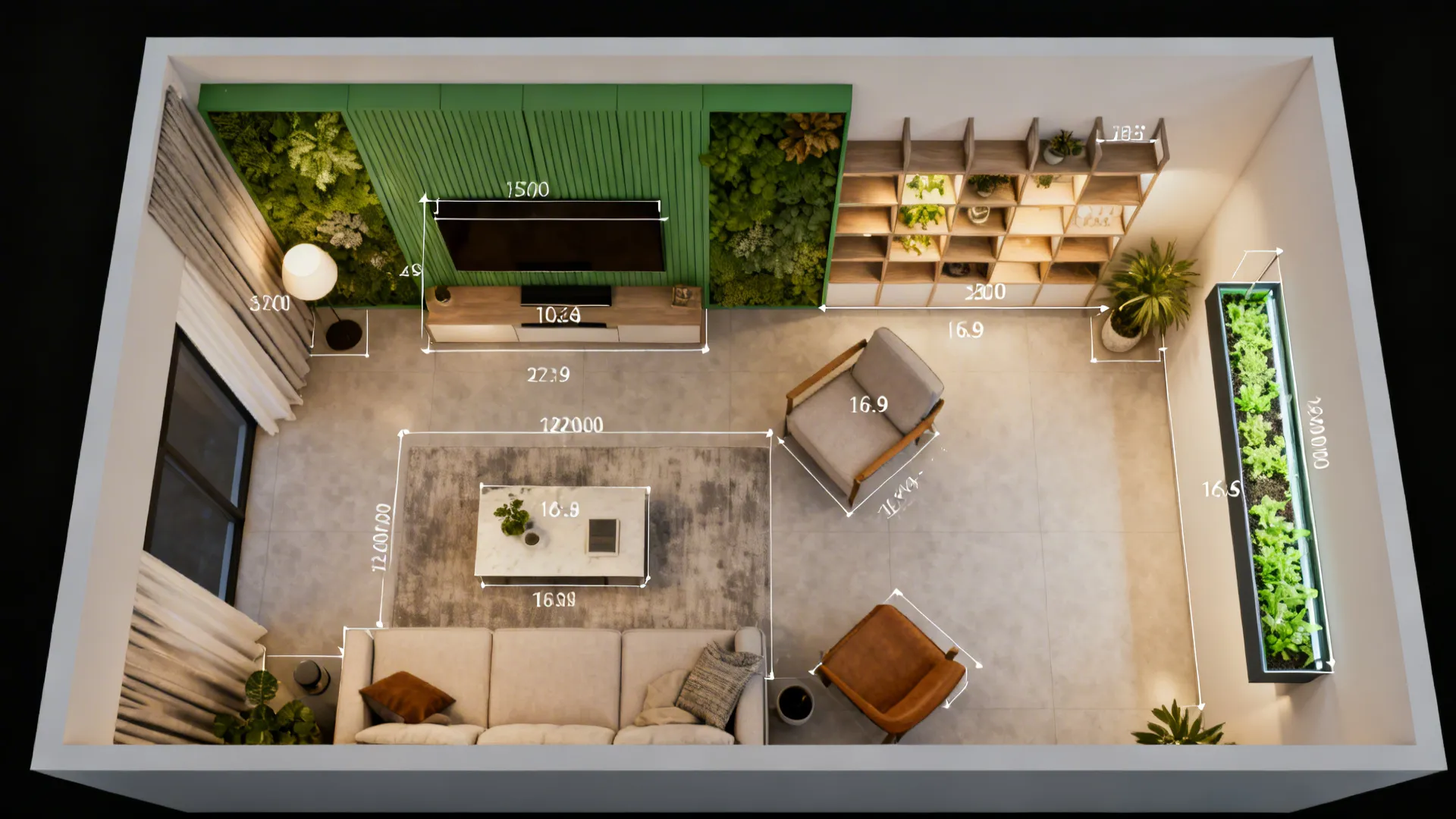 Top-down room planner mockup comparing preserved panels, modular shelves and slim hydroponic options in a small living room.