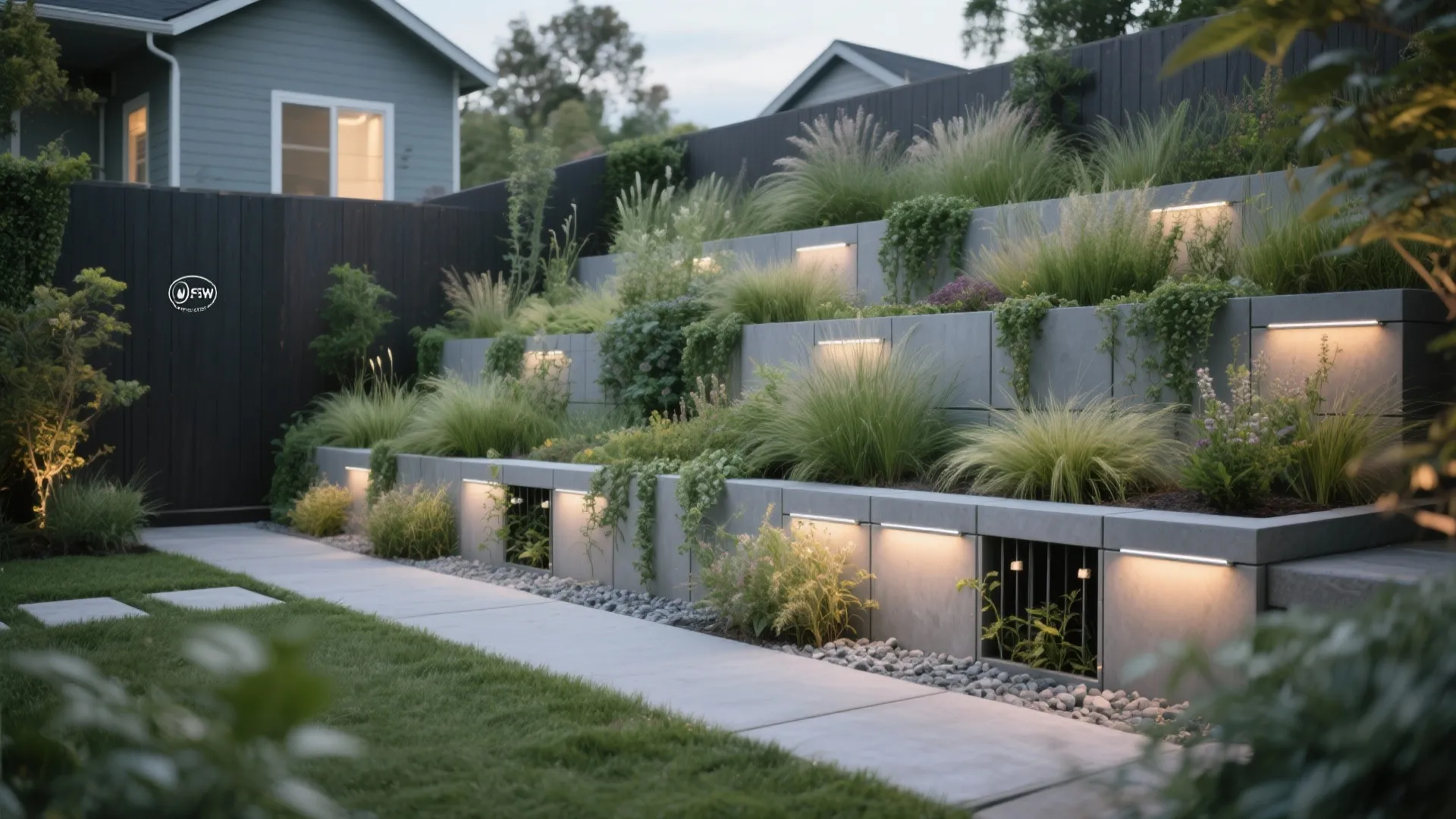 Green Walls With Hidden Drainage and Night Lighting