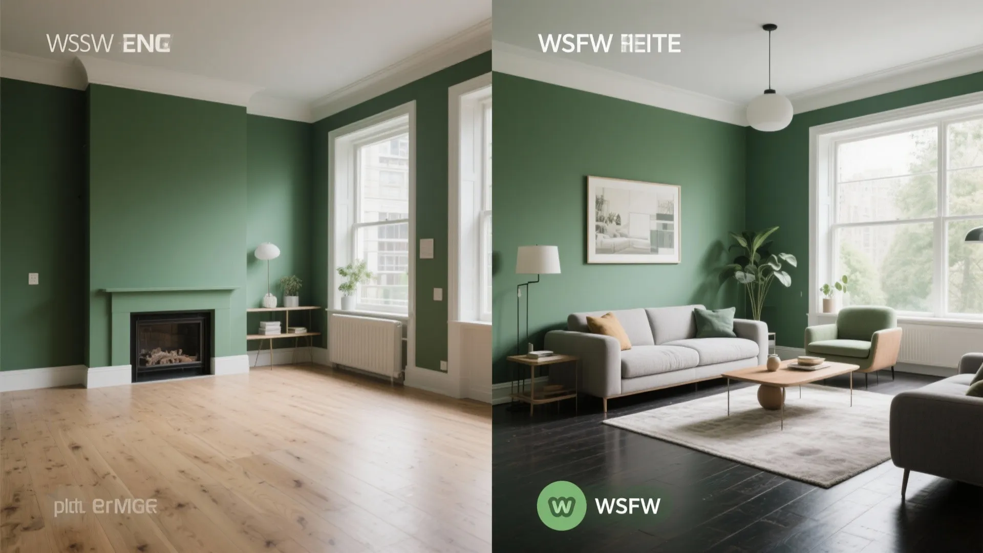 Before and after comparison showing an empty green room versus a fully furnished modern lounge