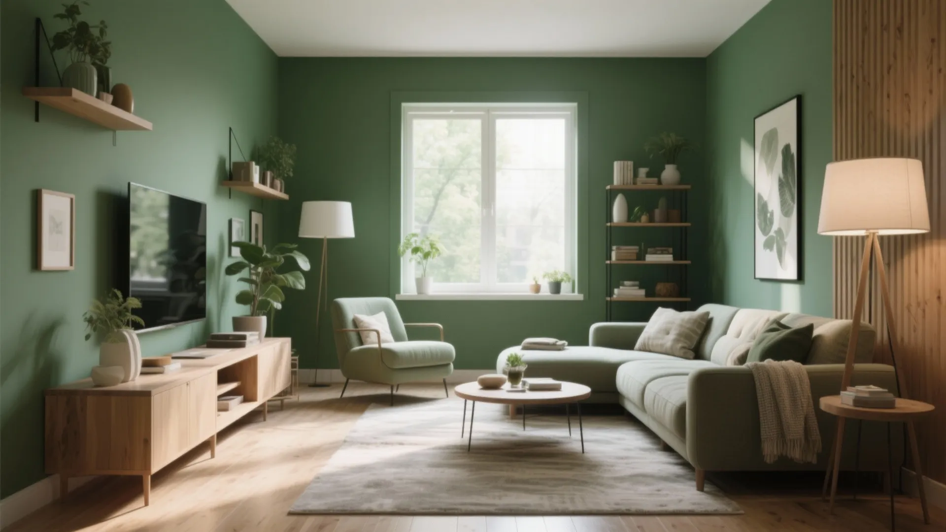 Cozy living room with sage green walls sectional sofa wooden media console and large window