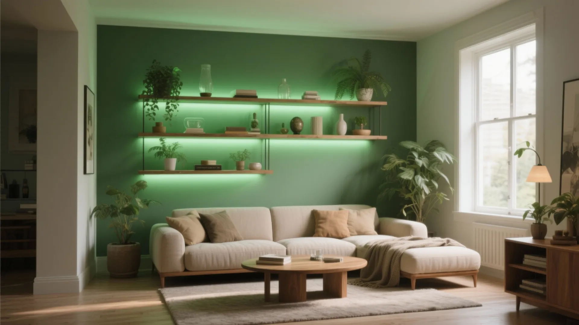 Living room with green wall and wooden shelves with built-in green light behind beige sofa