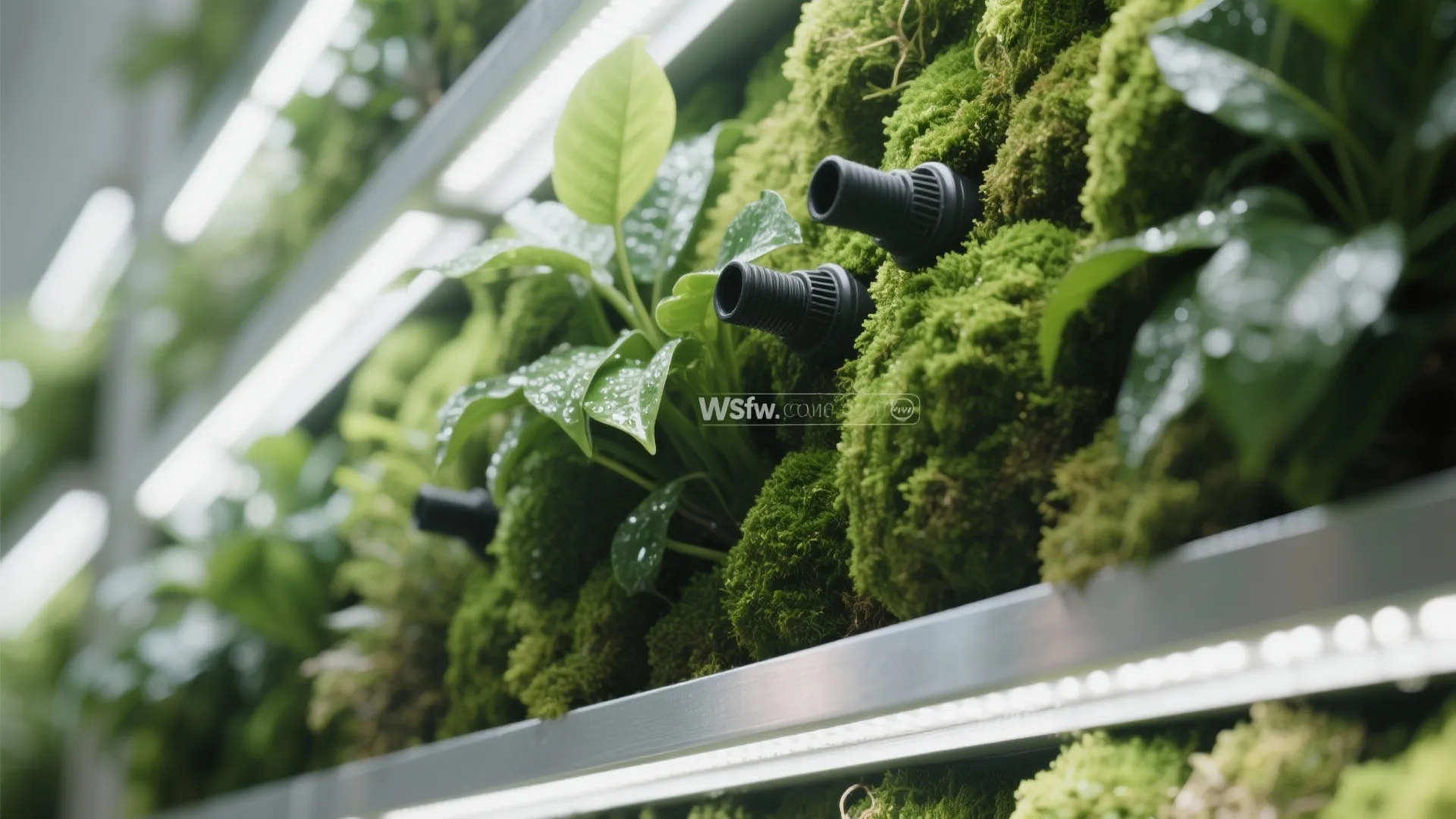 Indoor vertical garden with green moss leafy plants small black pipes and bright led lights