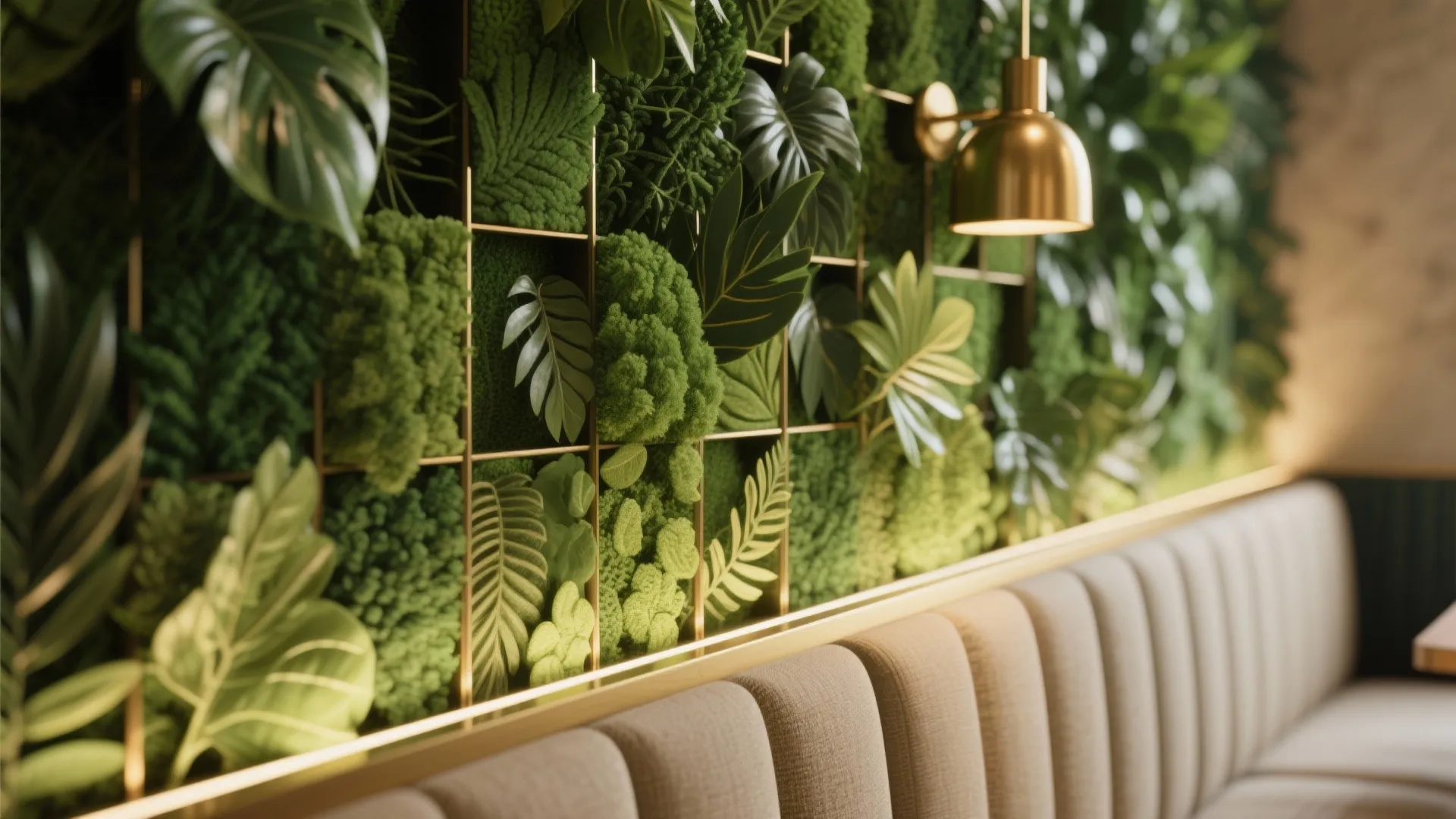 Macro detail of a modular faux green wall with warm wash lighting and brass accent in a restaurant.