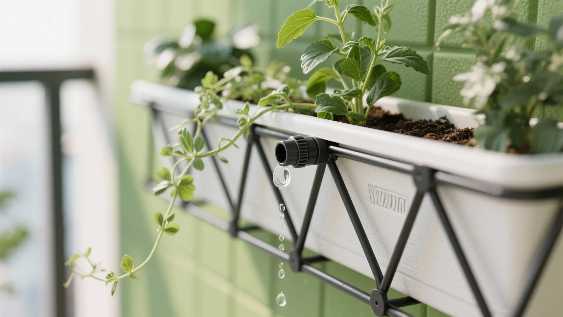 Close-up of balcony green wall trellis with herbs and drip emitter in soft light.