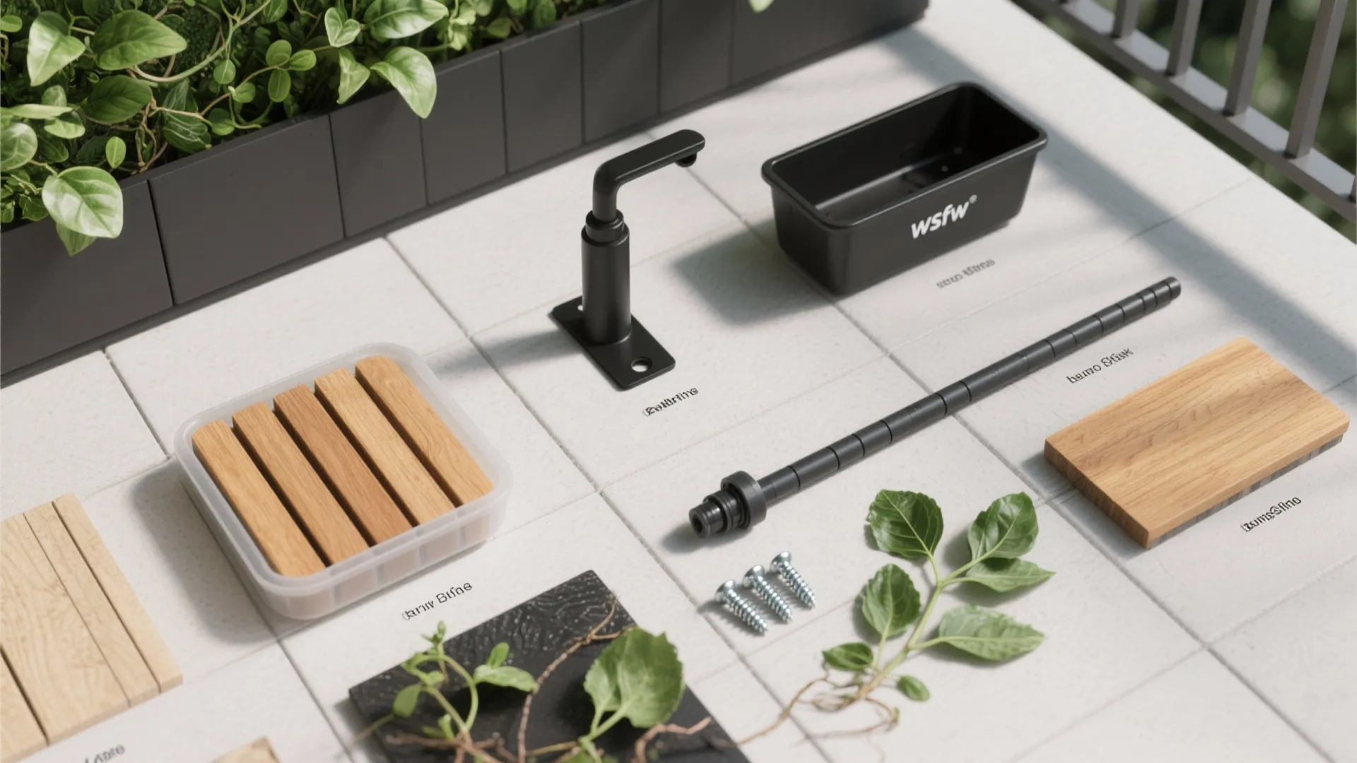 Various indoor garden materials including black faucet plastic box wooden pieces and green plants on tiles