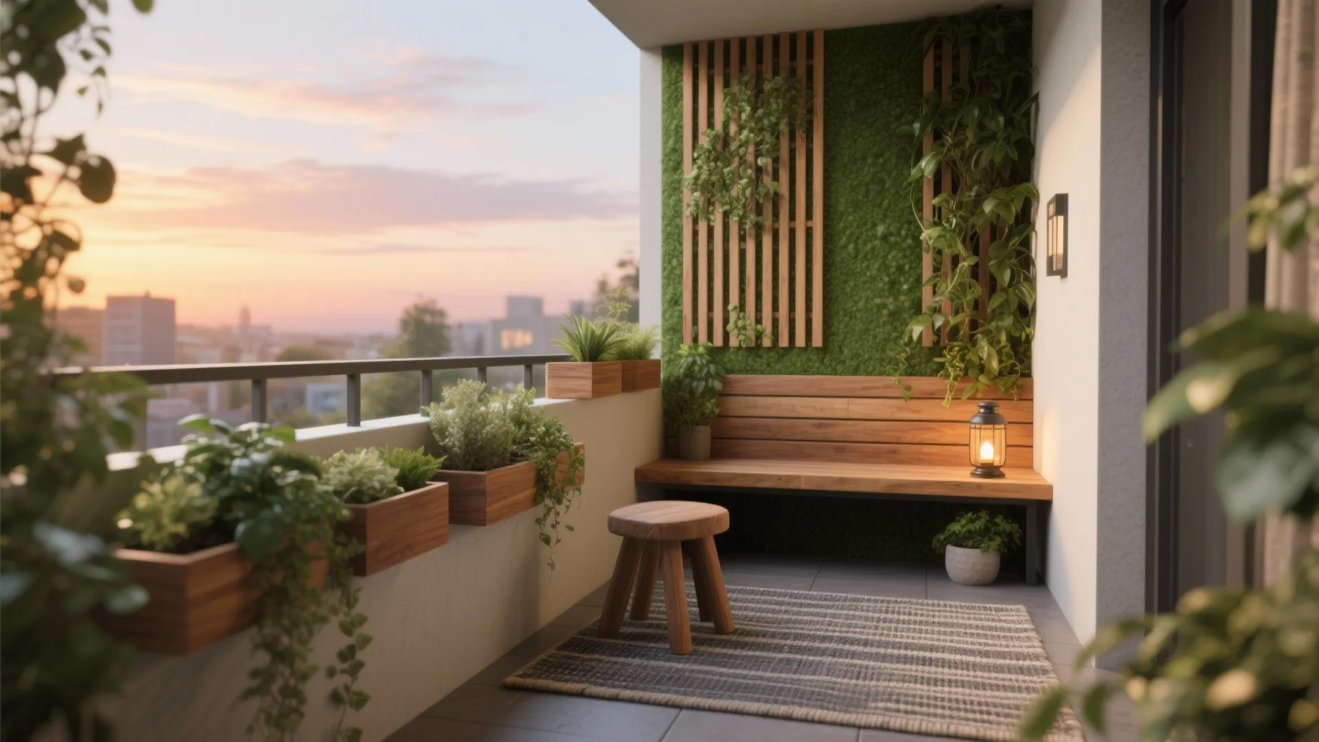 Cozy balcony corner with cedar slat green wall, modular planters, and a slim perch seat