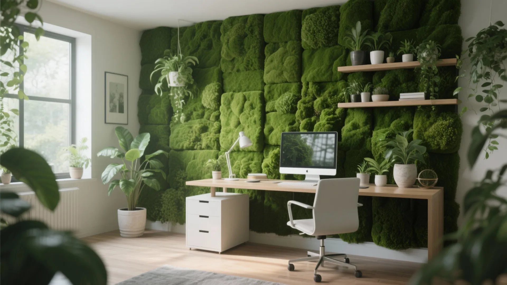 Modern home office with natural green wall plants