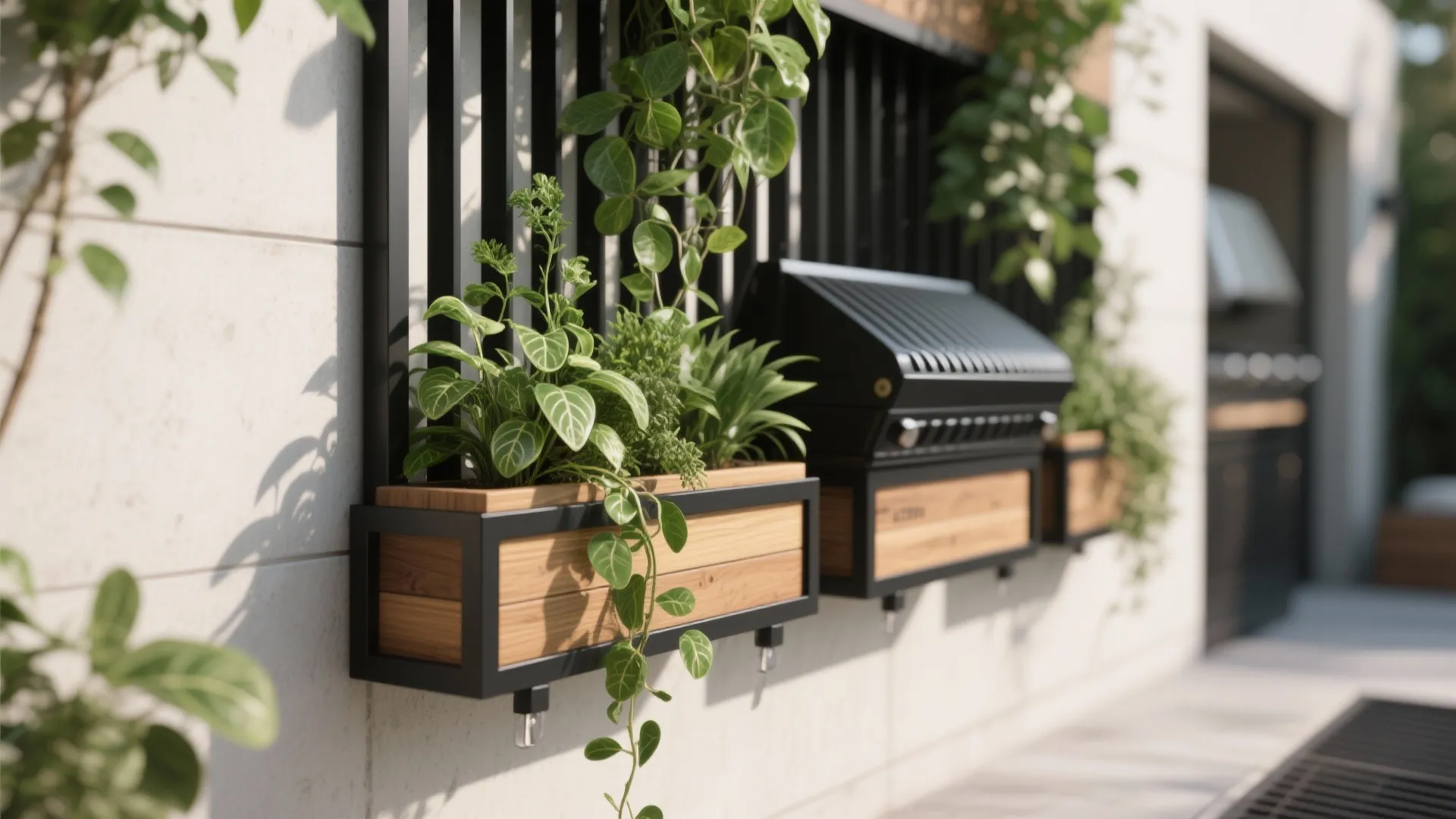 5) Green Wall Grill with Planters (Biophilic Freshness)