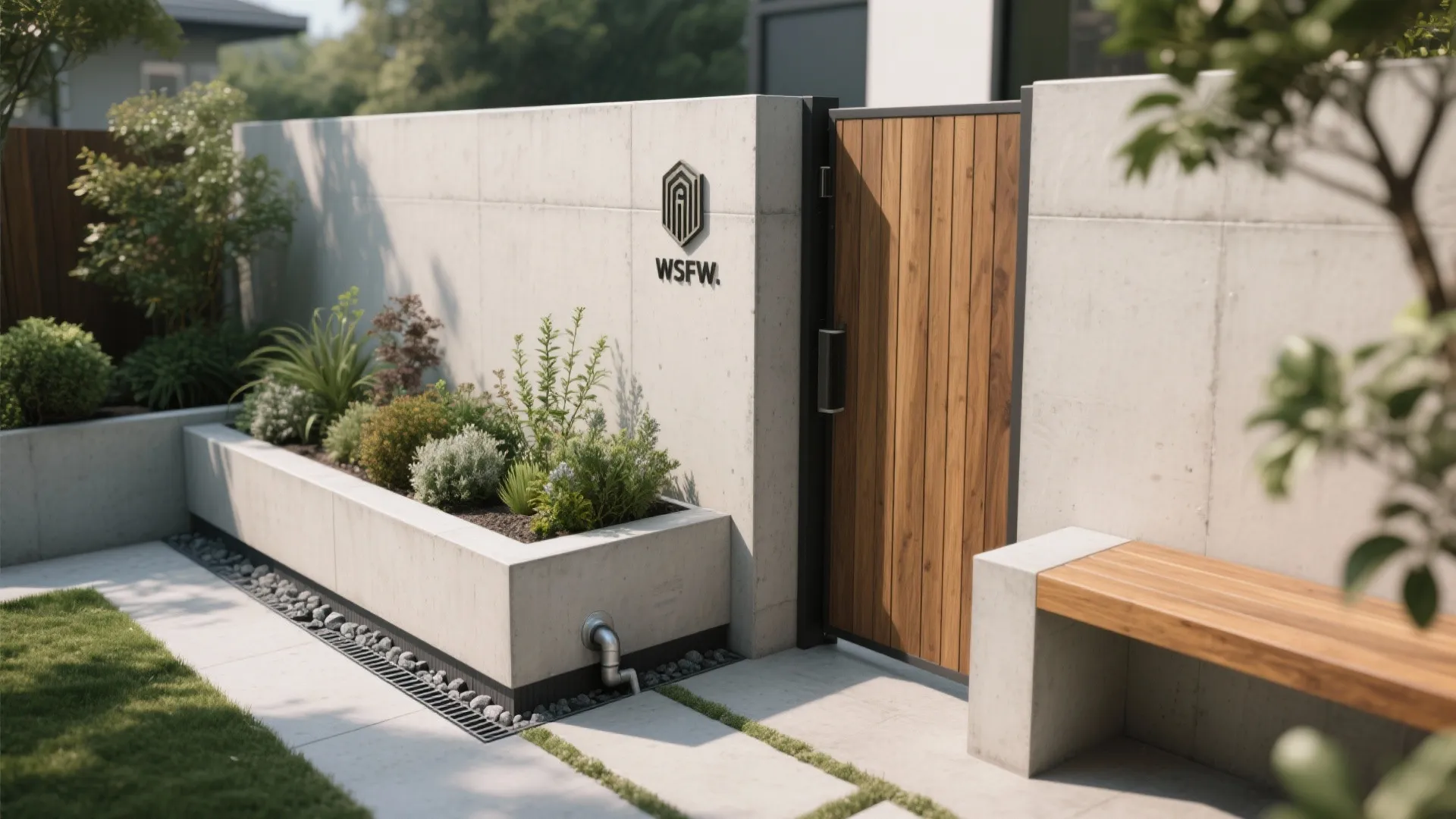 Green boundary with integrated planters and seating