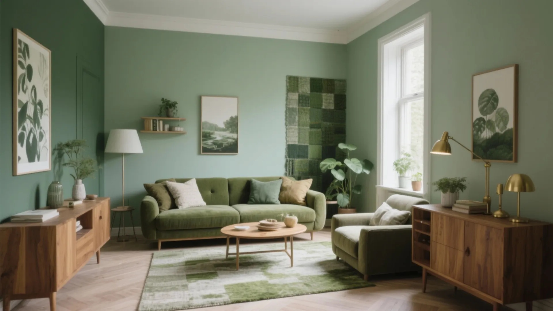 Green living room with velvet sofa wooden cabinet round coffee table patterned rug and indoor plants