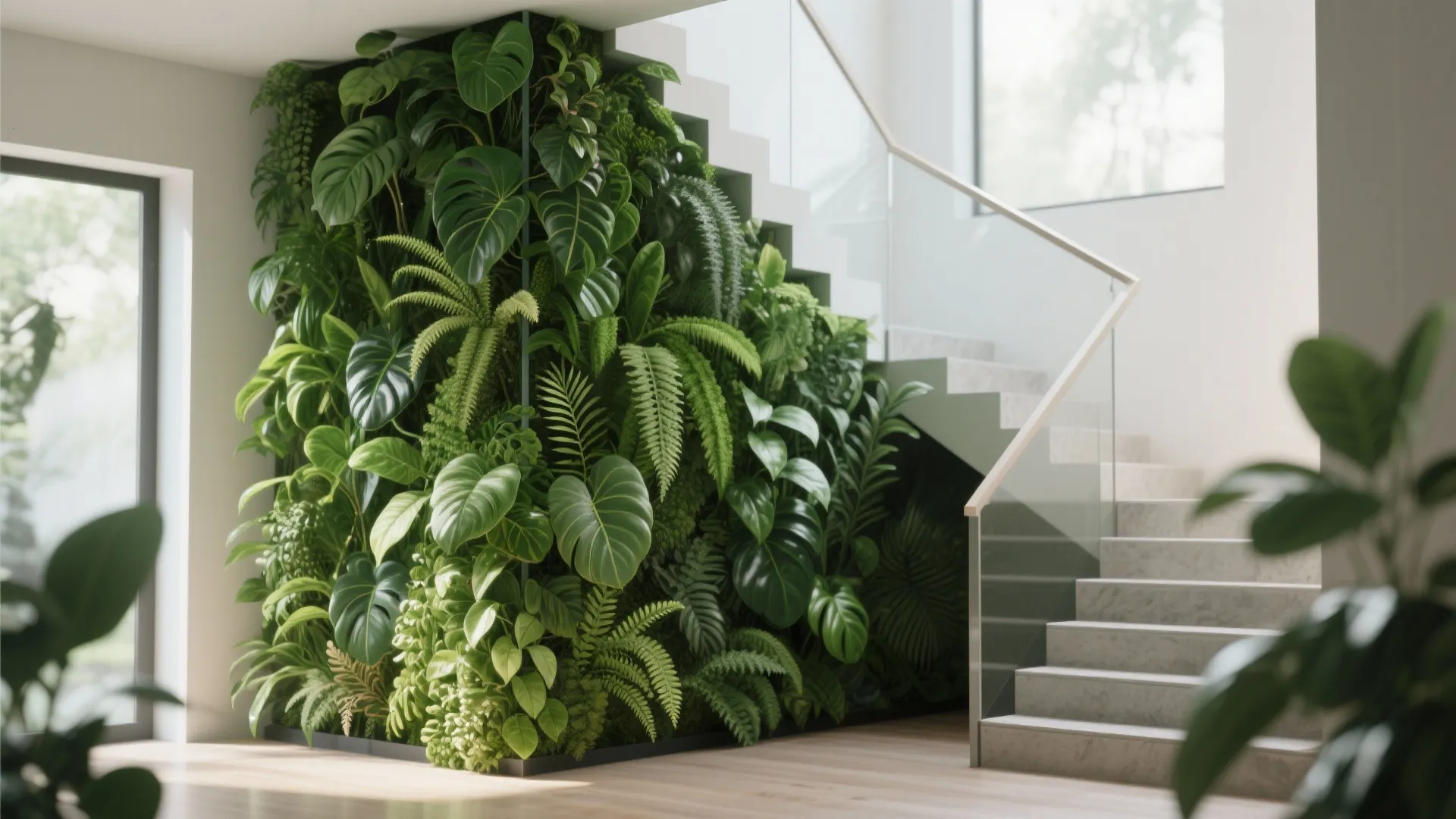 Indoor vertical garden wall with lush tropical plants positioned next to a modern stone staircase