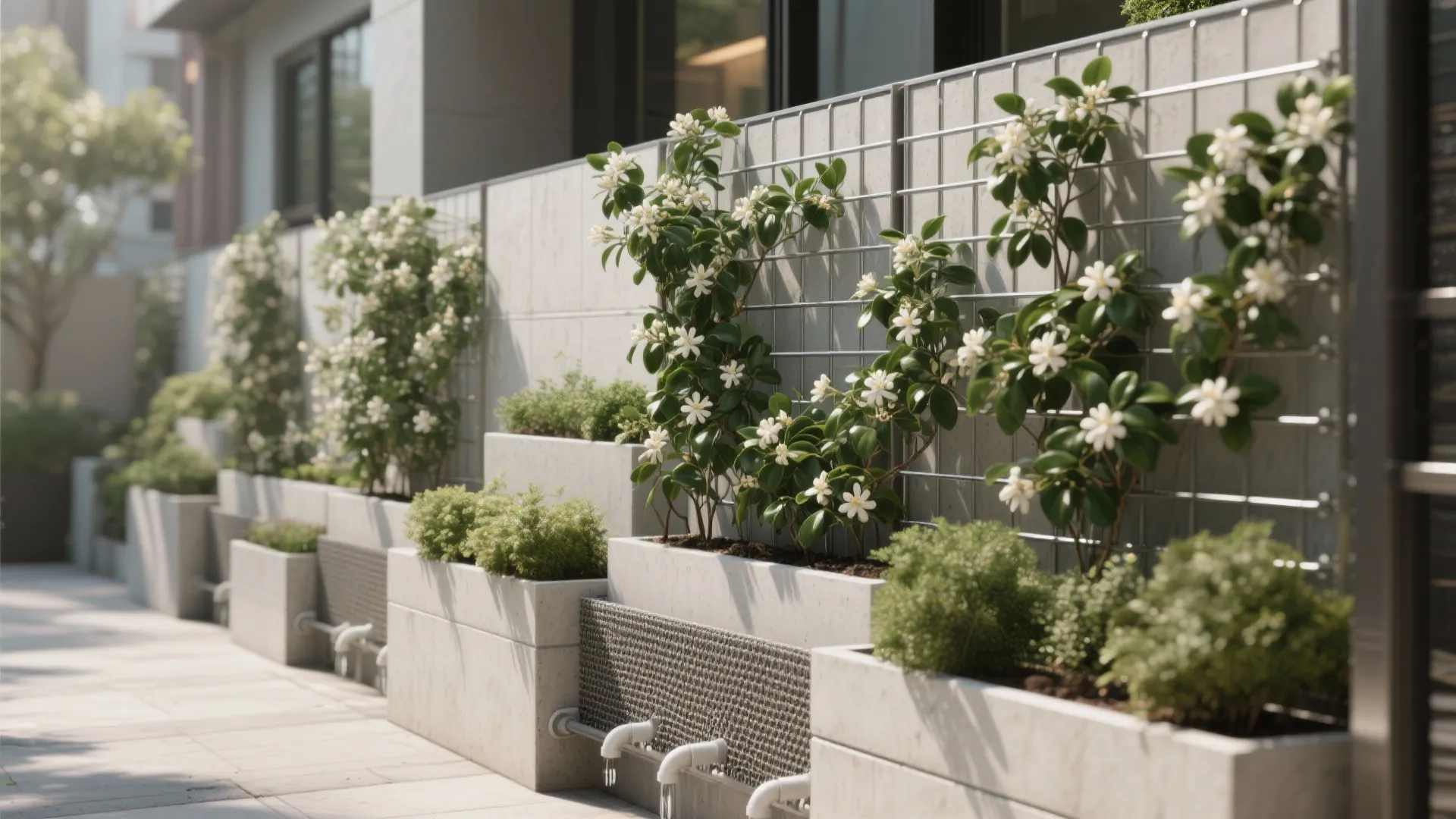 Outdoor stone planters with green shrubs and white flowers climbing on a wire wall frame design