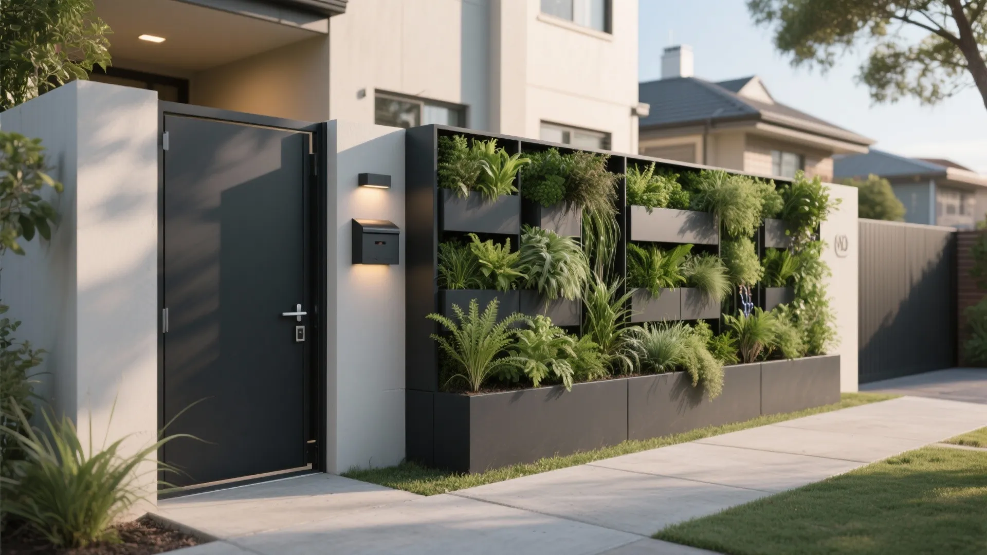 Outdoor wall with built in black planters filled with green leafy plants and small ferns