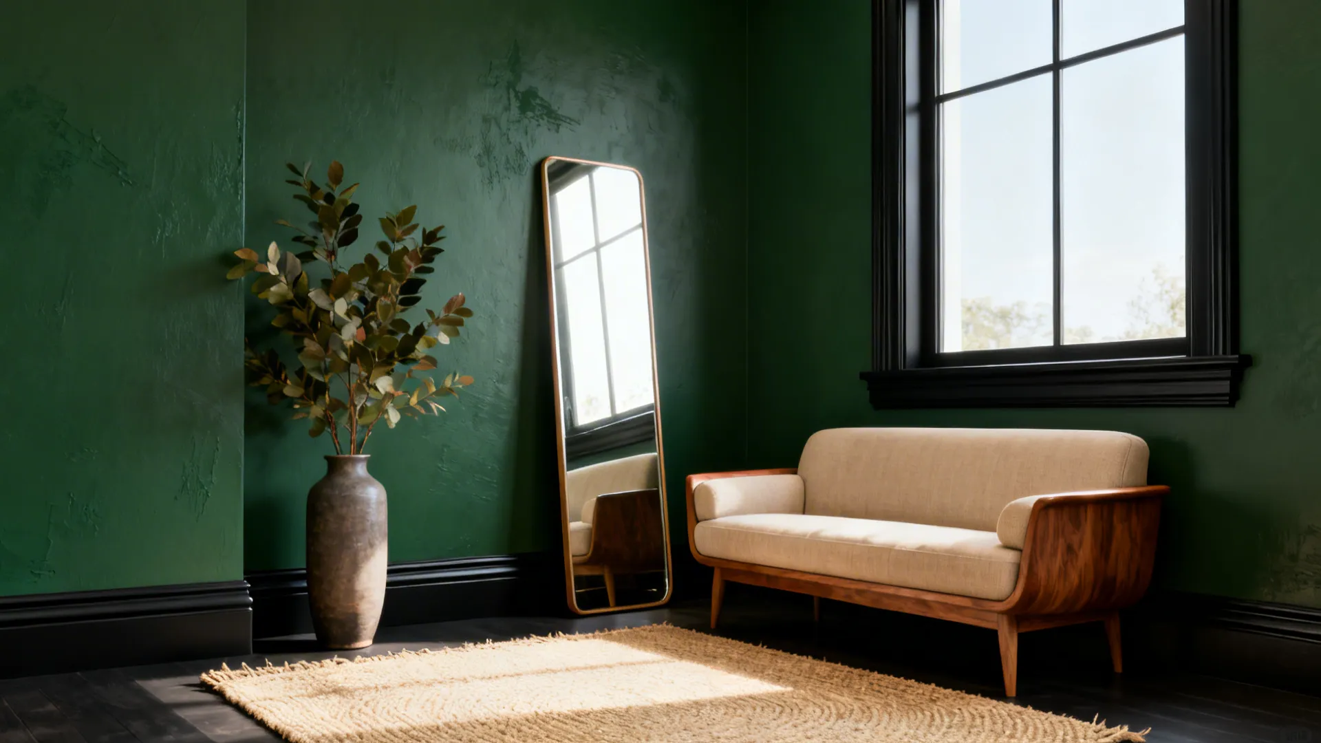 Corner of a small room with forest-green walls, black trims, beige sofa and mirror brightening the space.