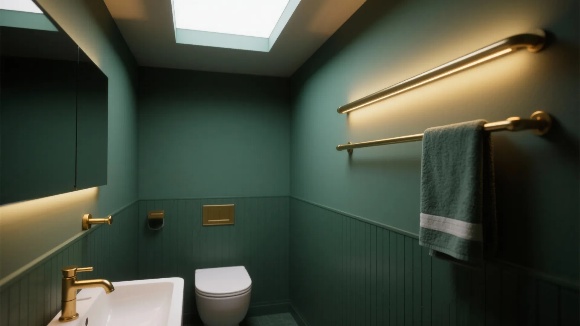 1. Deep green walls with brushed gold fixtures