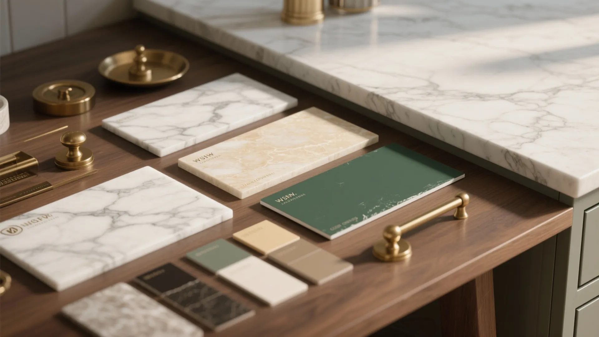 2. Pair dark green with light quartz or marble countertops