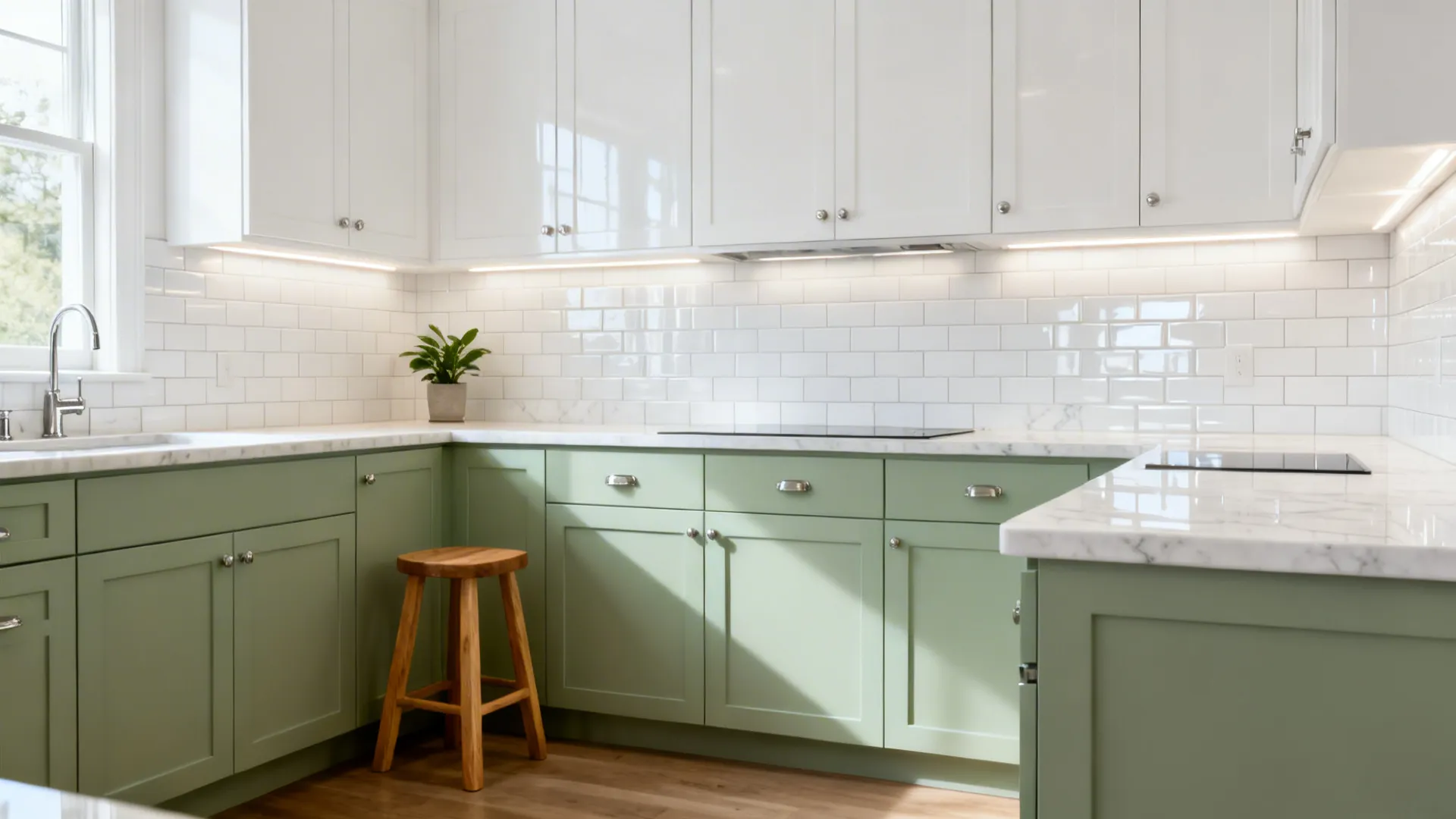 Green lower cabinets white upper cabinets white tile backsplash and wooden stool in modern kitchen