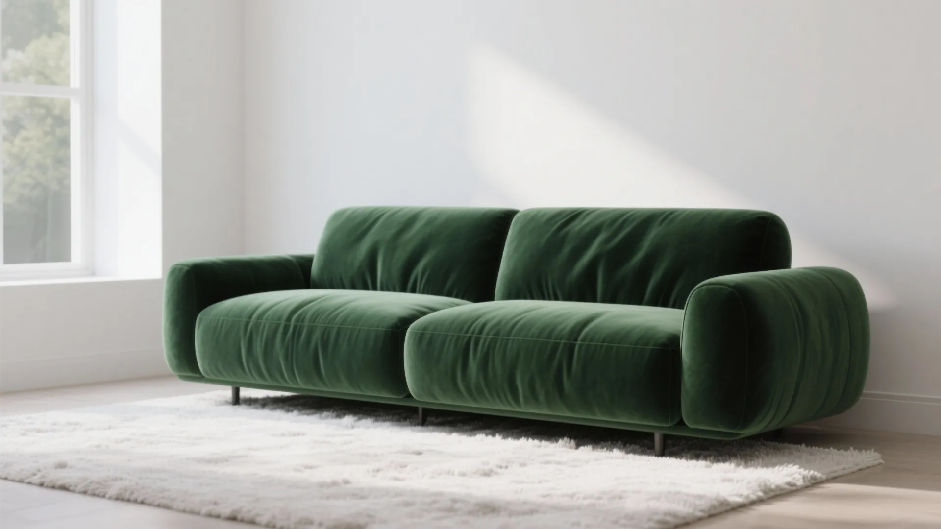 Green velvet sofa contrasted against clean white walls