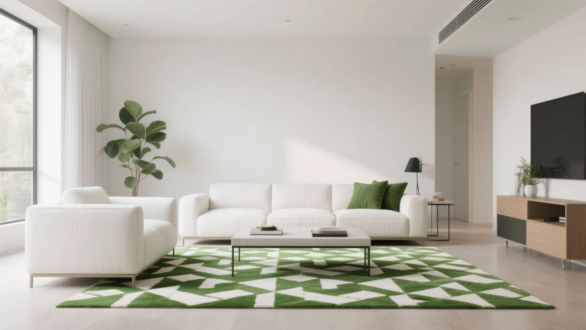 Green and White Geometric Rug