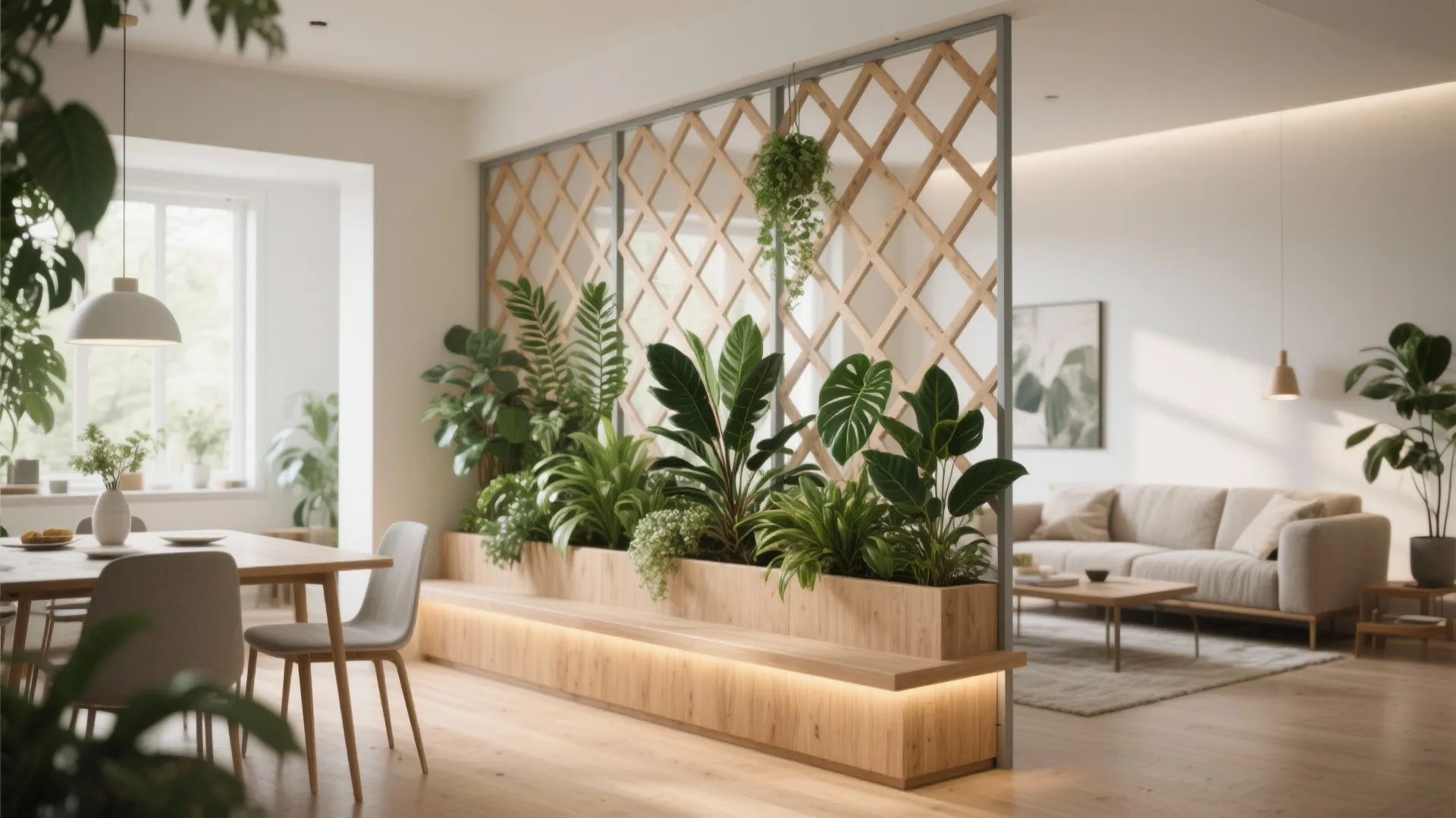 Open plan dining and living area separated by a wooden lattice screen with green plants