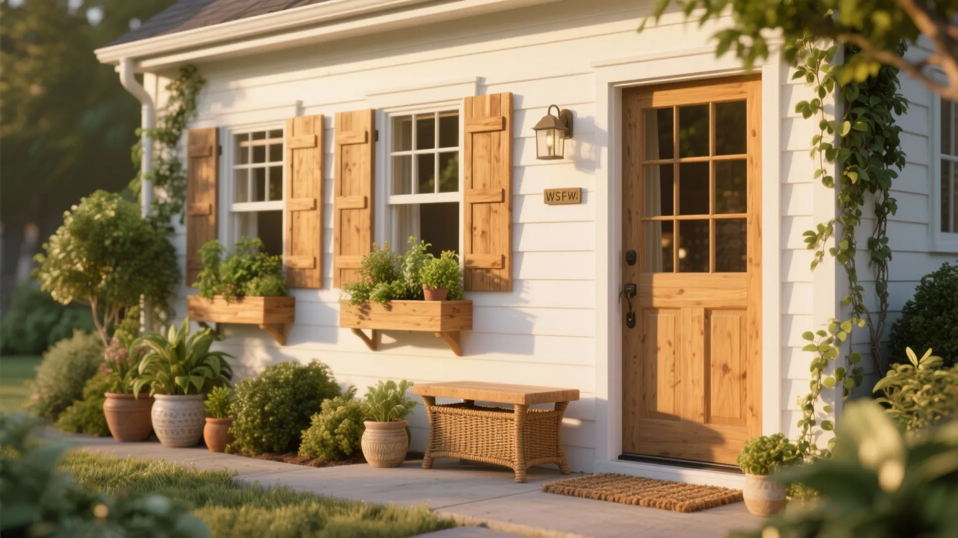 Cottage house exterior with white siding wooden door wooden shutters wall light and many green plants
