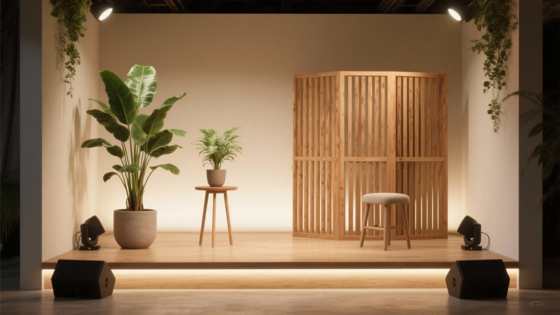 Wooden stage featuring green potted plants small side table wooden room divider screen and footrest