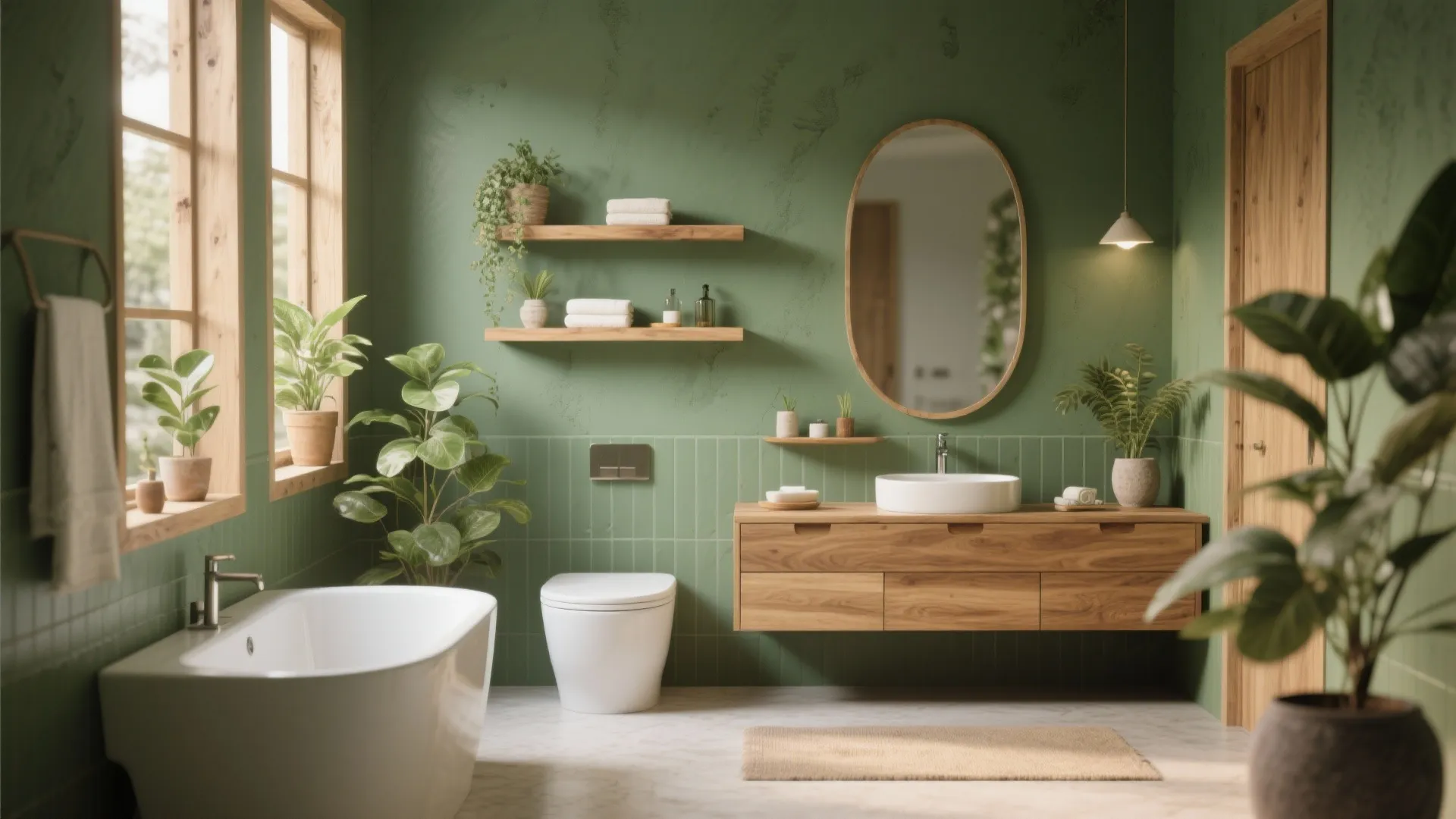 Natural bathroom with green textured walls, wooden cabinet, oval mirror, white bathtub, and indoor plants