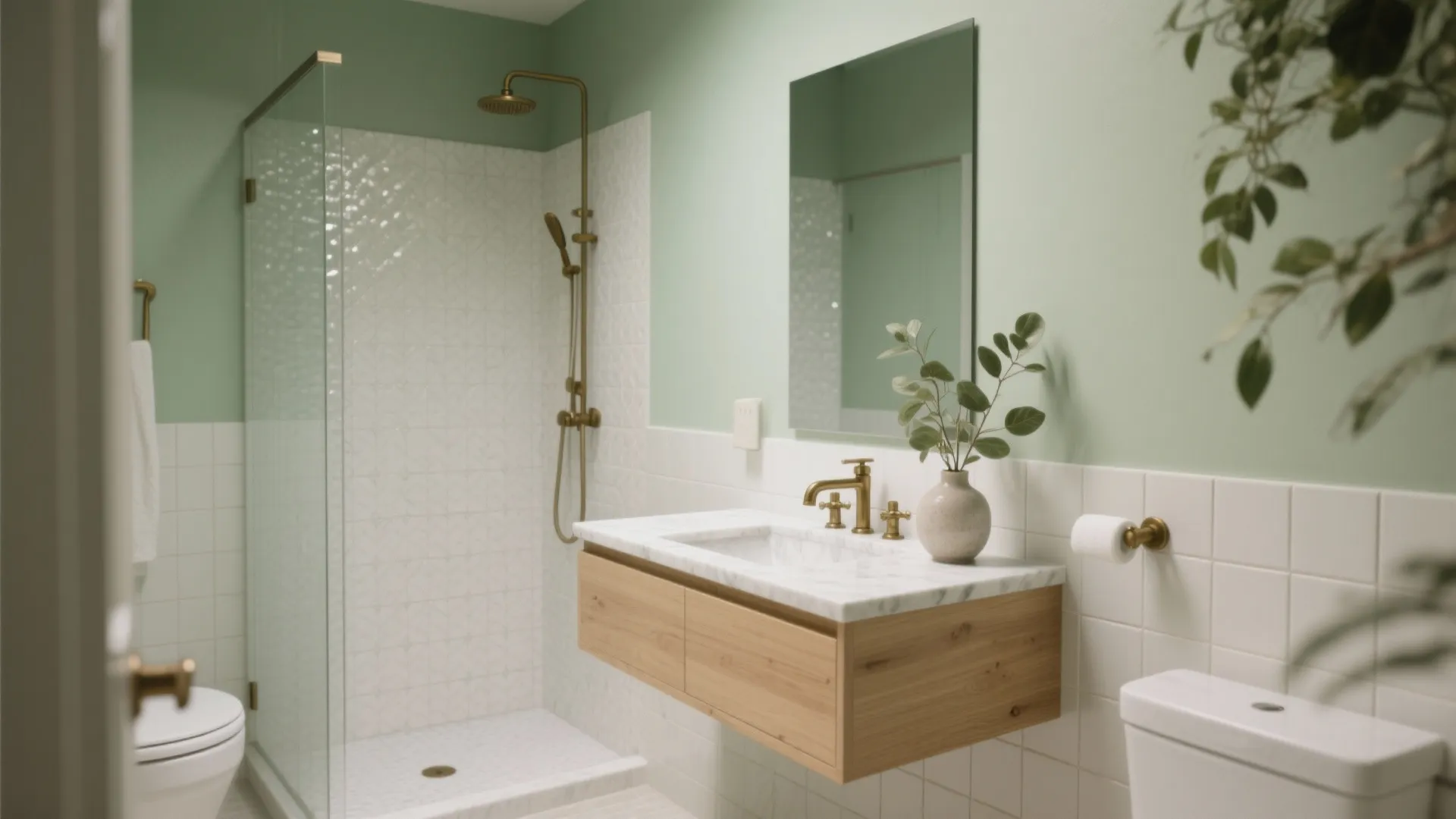 Green bathroom interior featuring glass shower wood cabinet white tiles gold fixtures and green plants