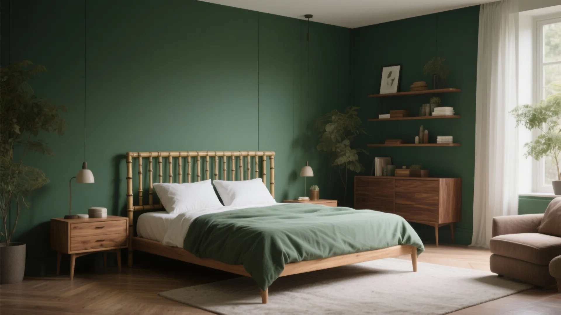 Emerald green bedroom walls paired with warm natural wood furniture