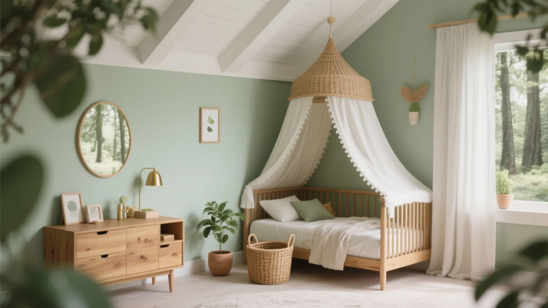 Nature-Inspired Greens with Warm Wood for Calm