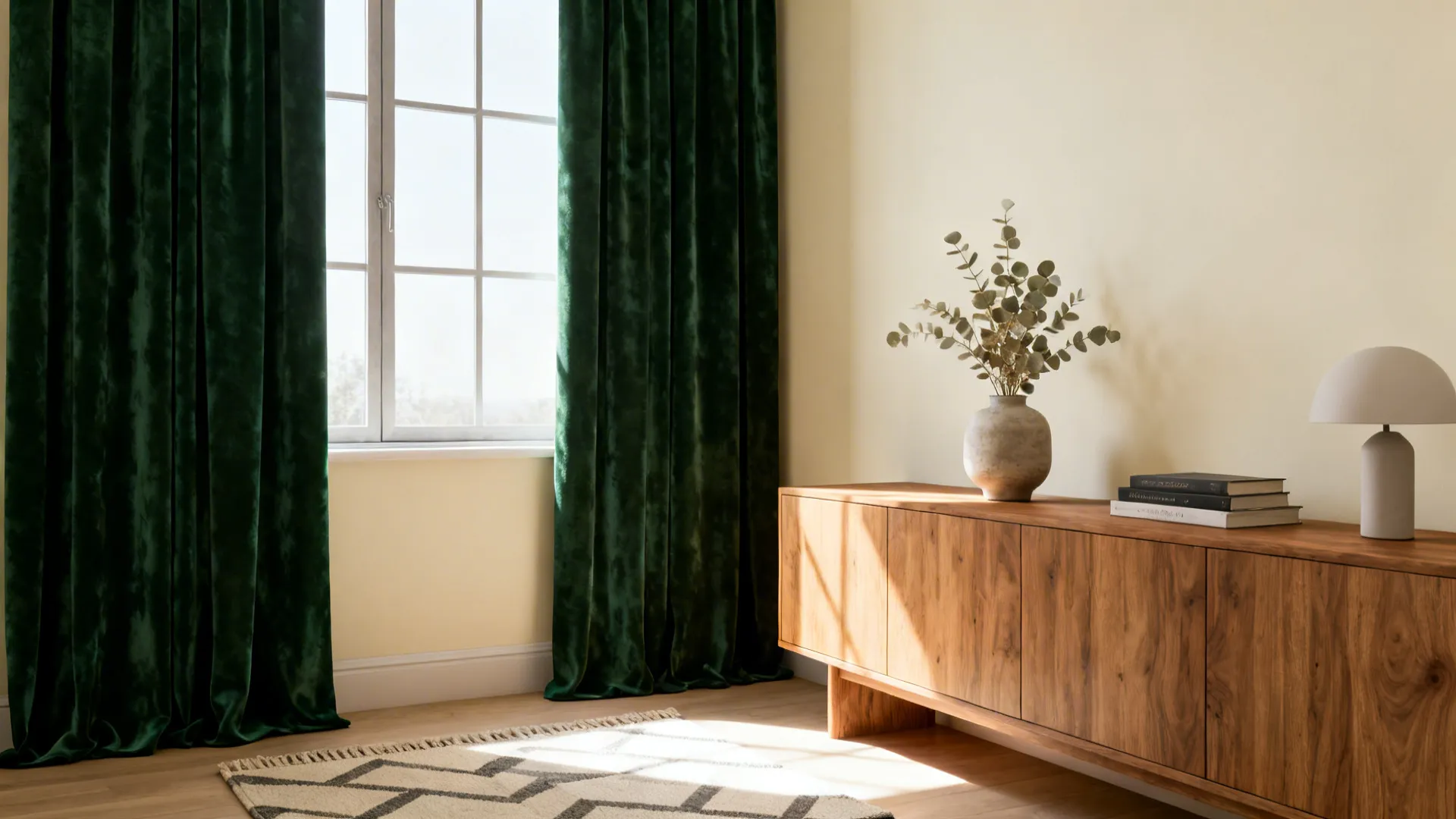 Loft living room with dark green curtains, pale walls and natural oak furniture for contrast.