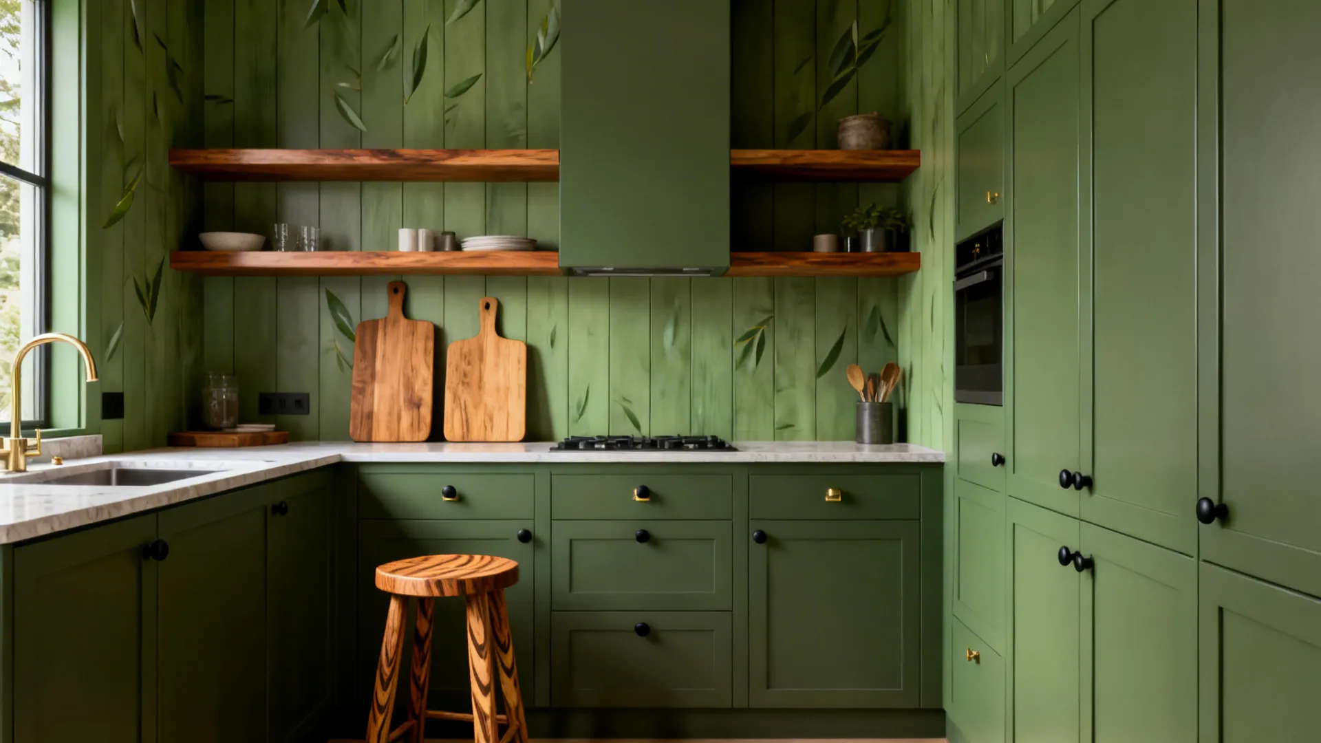 Green kitchen design with wooden shelves, wooden stool, leaf pattern wall, and white marble countertop