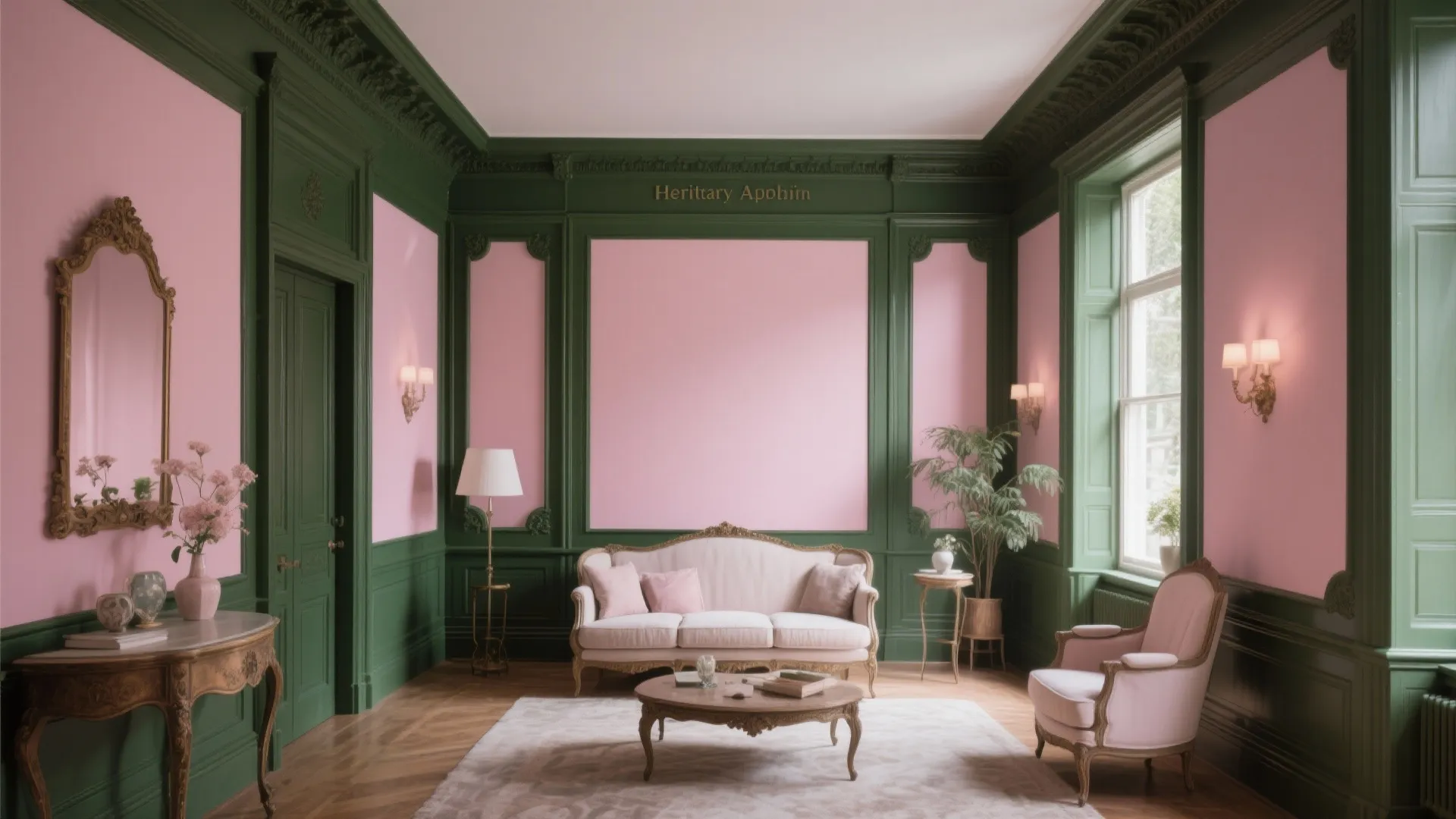 8. Dark Green Woodwork with Pastel Pink Walls
