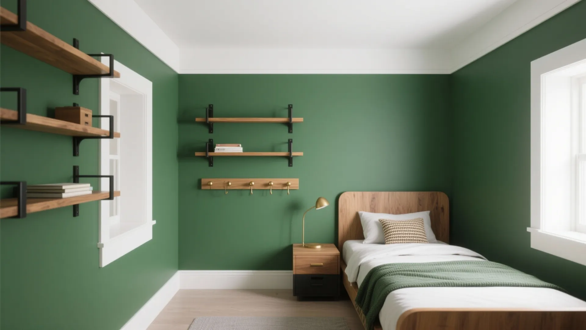 Calming Forest Green with Warm Wood Accents