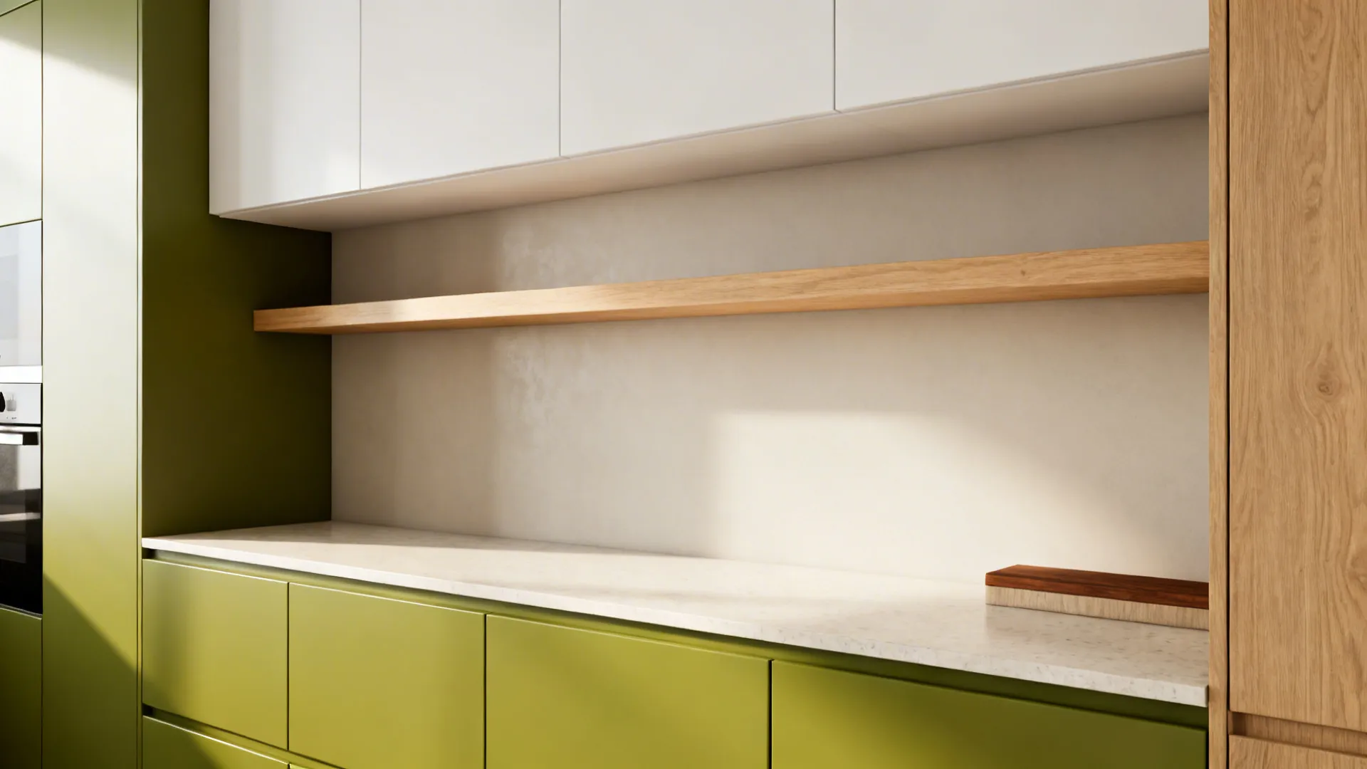 Small kitchen with apple-green base cabinets and light oak floating shelves for warmth.