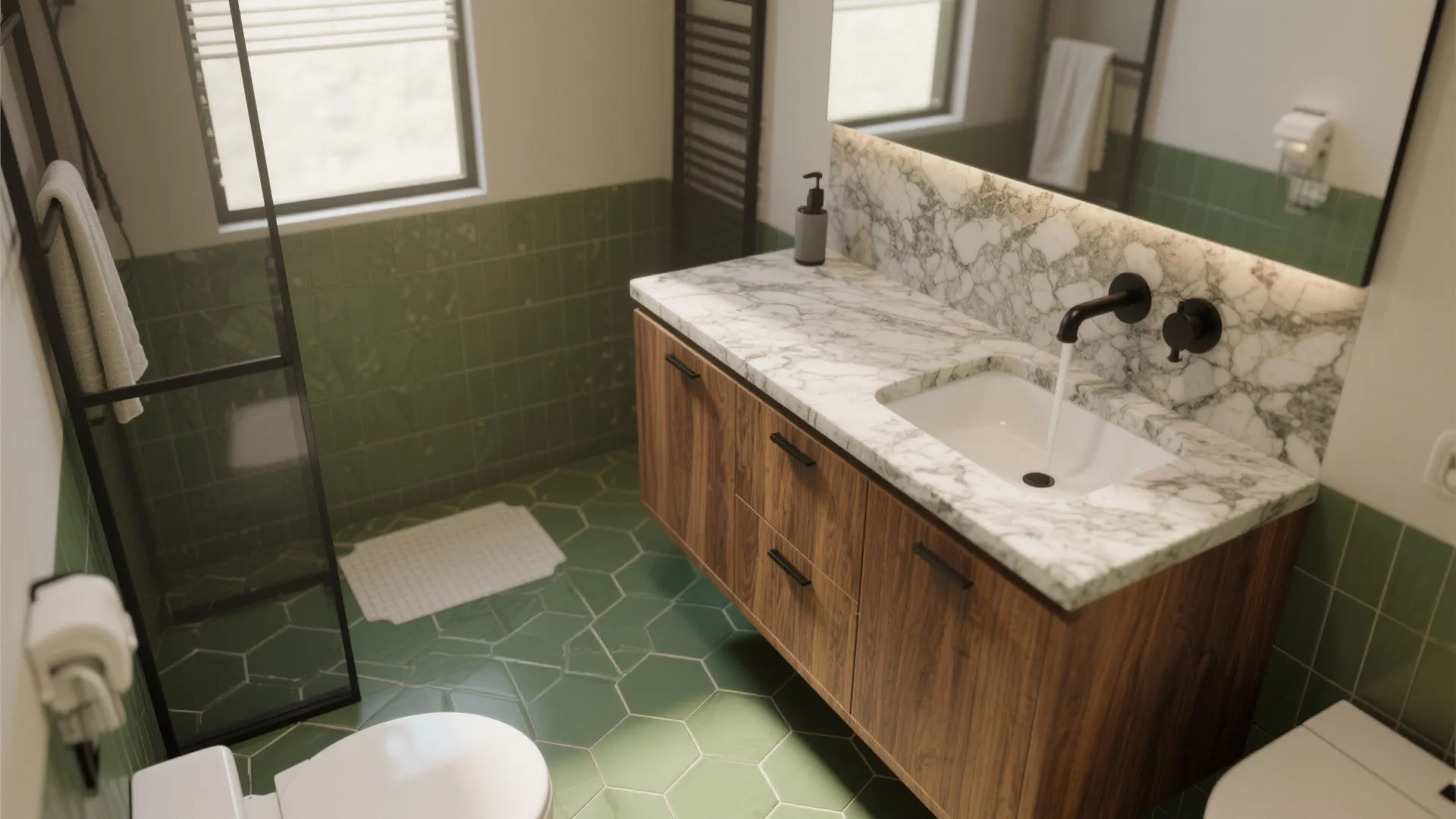 5. Green Tiles with Natural Stone or Wood Elements