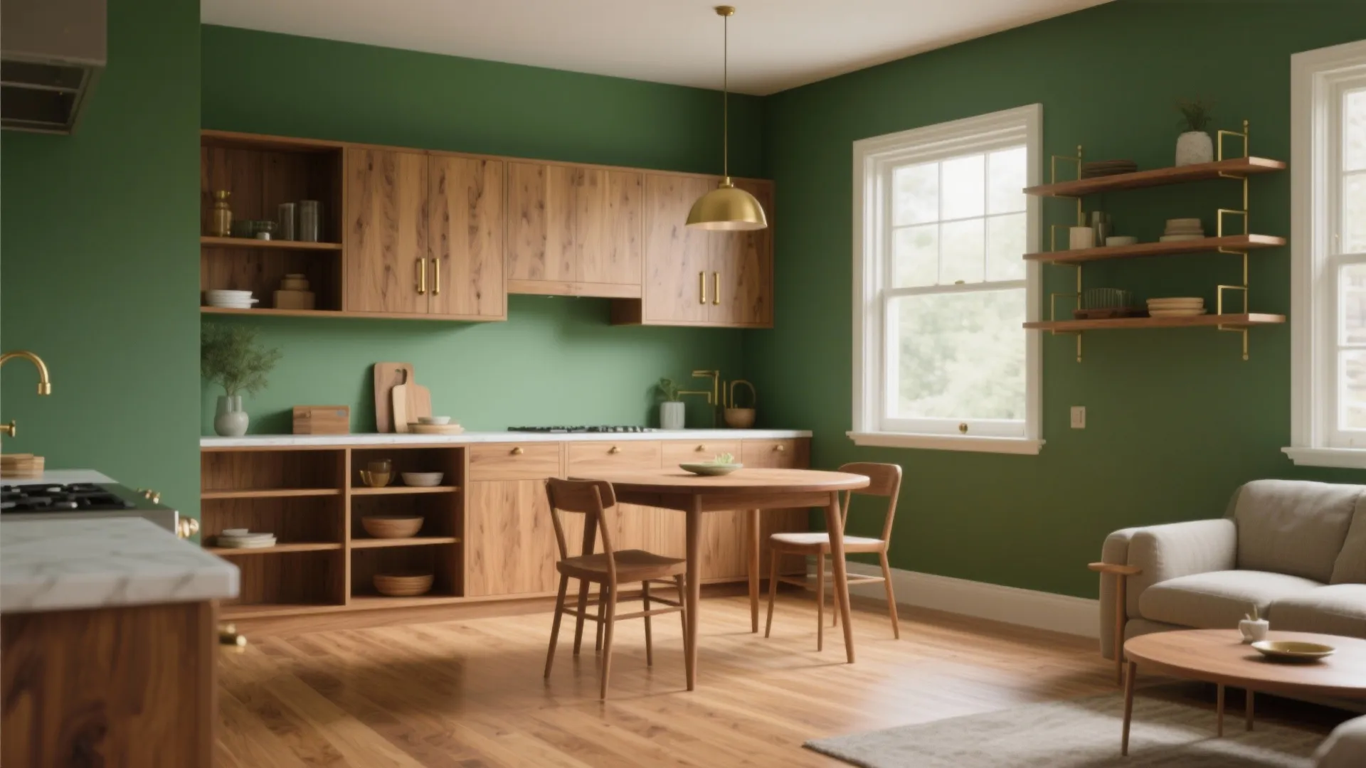 Kitchen-living area with mid-green walls and warm oak flooring with brass hardware accents.