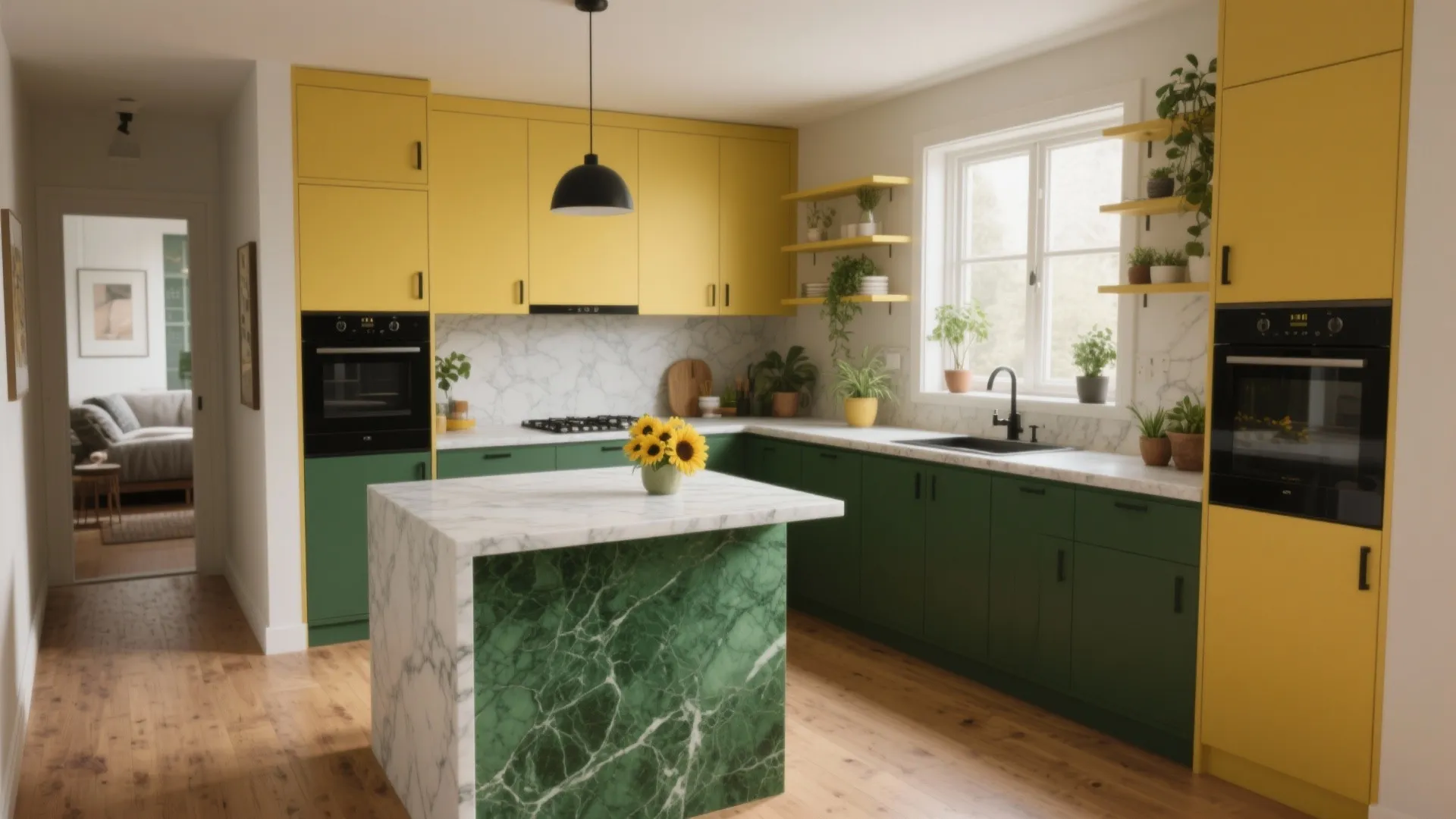 Modern kitchen with yellow and green cabinets marble island black ceiling light and yellow flowers