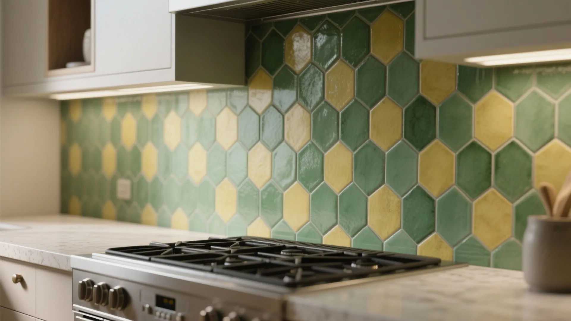 Close up of green and yellow hexagon wall tiles behind a modern gas stove top