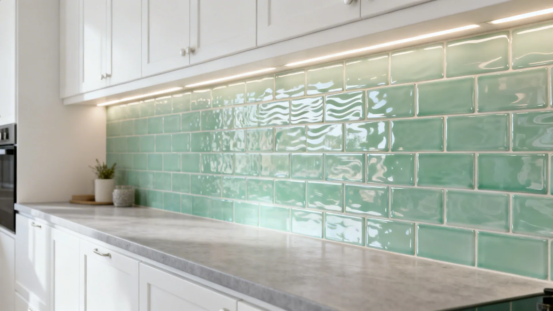 White cabinets paired with a soft sea-glass green glossy tile backsplash in a small kitchen.