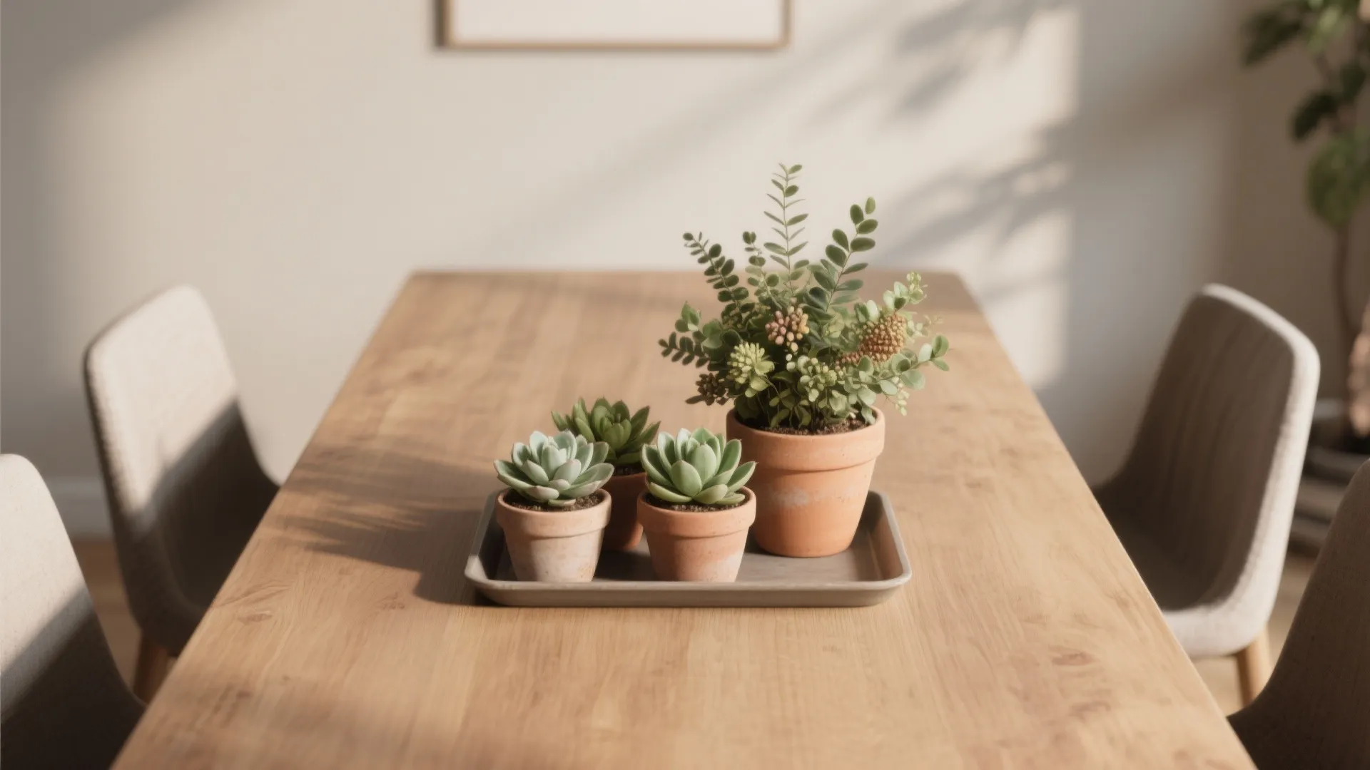 Small green succulent plants in clay pots on a wooden table with soft sunlight indoor