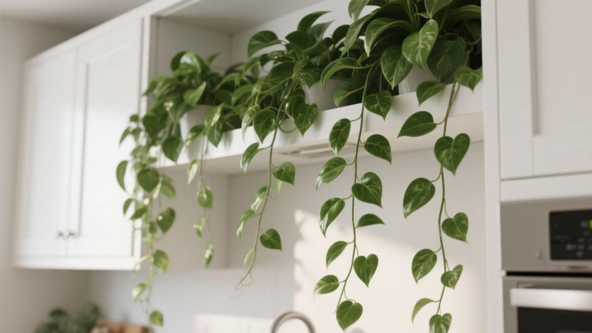 Vibrant green hanging plants placed on white kitchen cabinets for a fresh and natural look